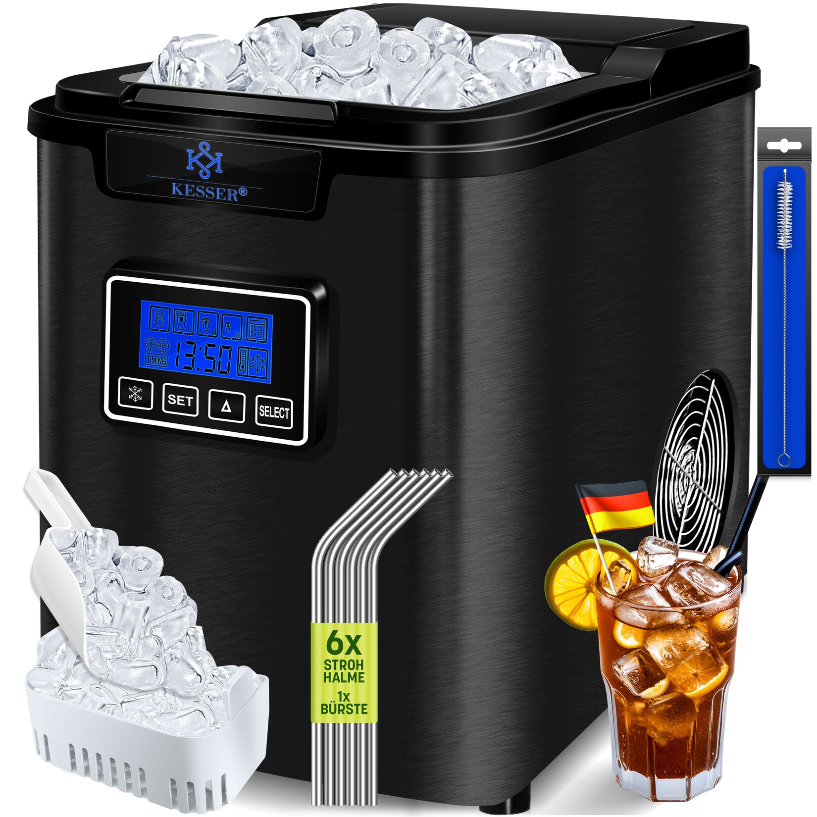 ® Eiswürfelbereiter   Eiswürfelmaschine Edelstahl   150W  Ice Maker    24 h   3 Würfelgrößen   Zubereitung in 6 min   2,2 Liter Wassertank   Timer   LCD-Display   Selbstreinigungsfunktion