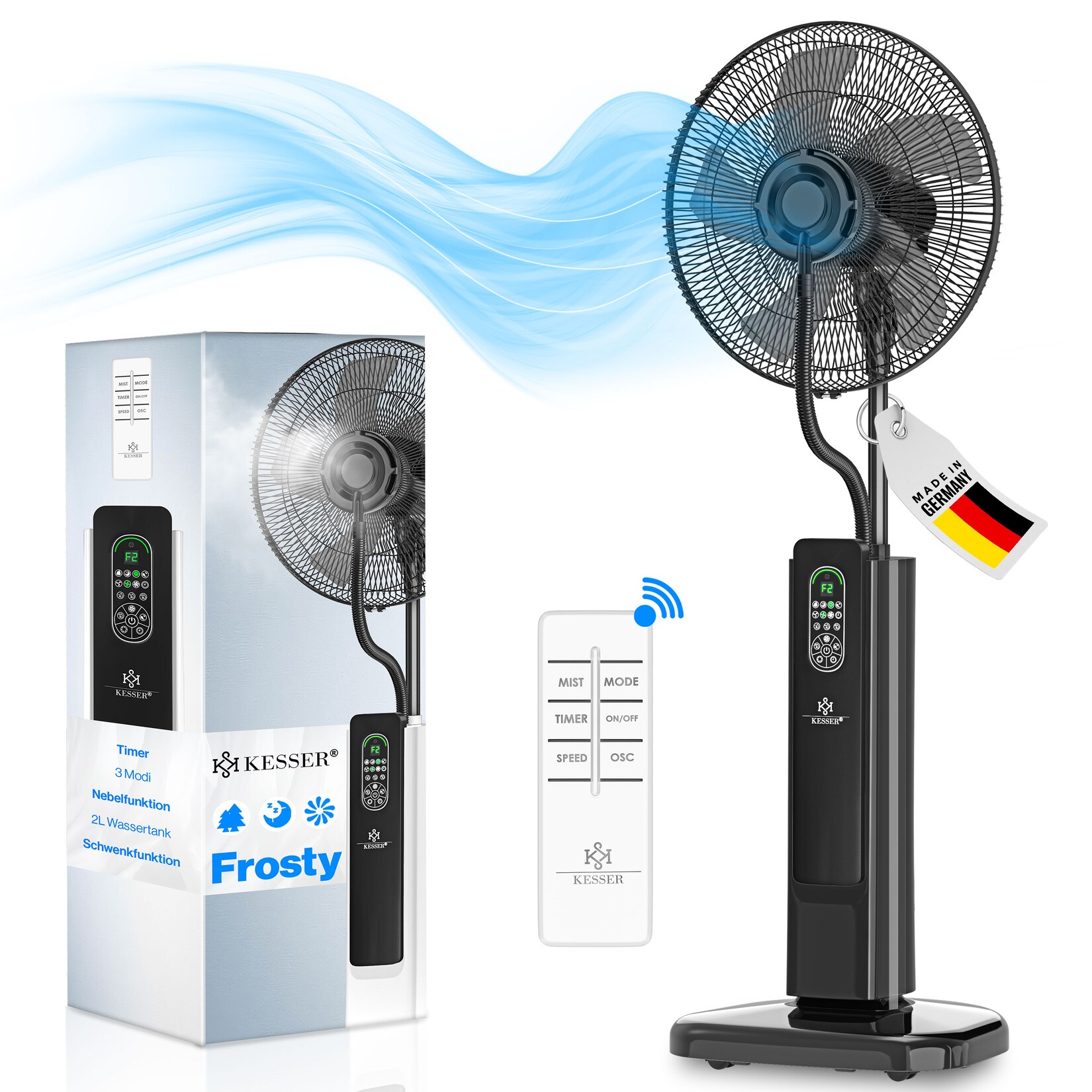 ® Stand-Ventilator Frosty mit Wasser Ultraschall-Sprühnebel Wasserkühlung , inkl. Fernbedienung Timer-Funktion , Luftbefeuchter Leise ,  Nebelfunktion , Raumbefeuchter , Standventilator