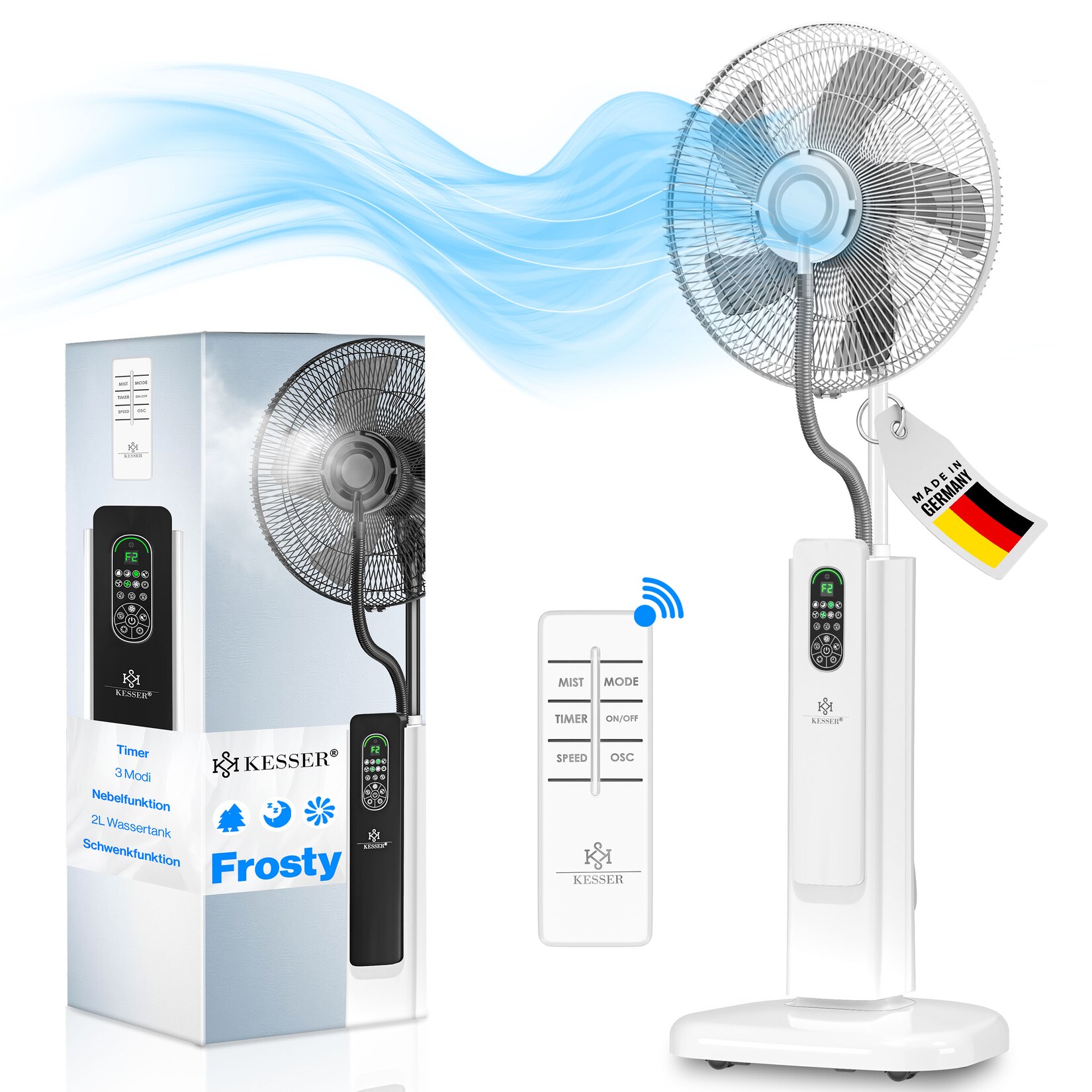 ® Stand-Ventilator Frosty mit Wasser Ultraschall-Sprühnebel Wasserkühlung , inkl. Fernbedienung Timer-Funktion , Luftbefeuchter Leise ,  Nebelfunktion , Raumbefeuchter , Standventilator