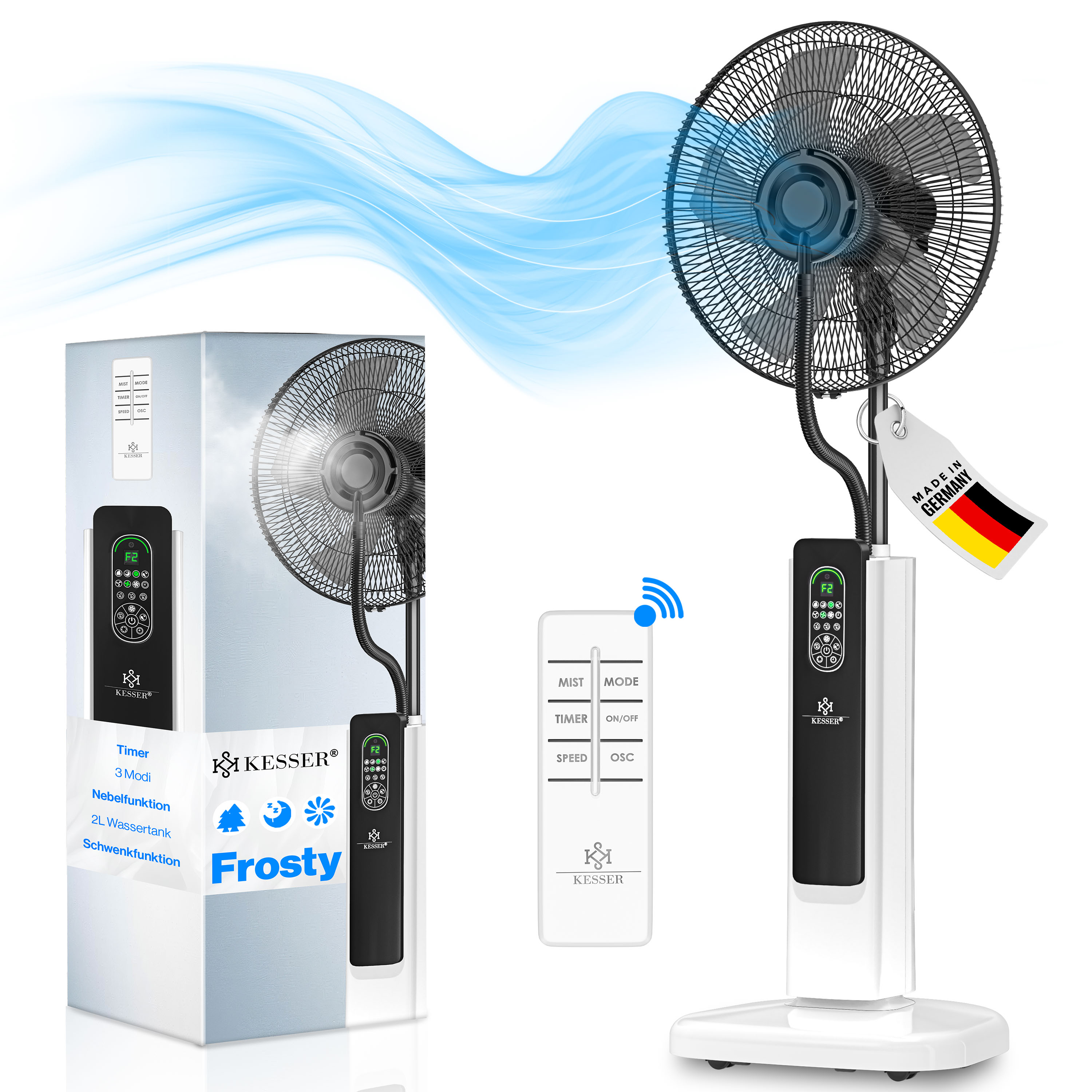 KESSER&reg; Stand-Ventilator Frosty mit Wasser Ultraschall-Spr&uuml;hnebel Wasserk&uuml;hlung , inkl. Fernbedienung Timer-Funktion , Luftbefeuchter Leise ,  Nebelfunktion , Raumbefeuchter , Standventilator 