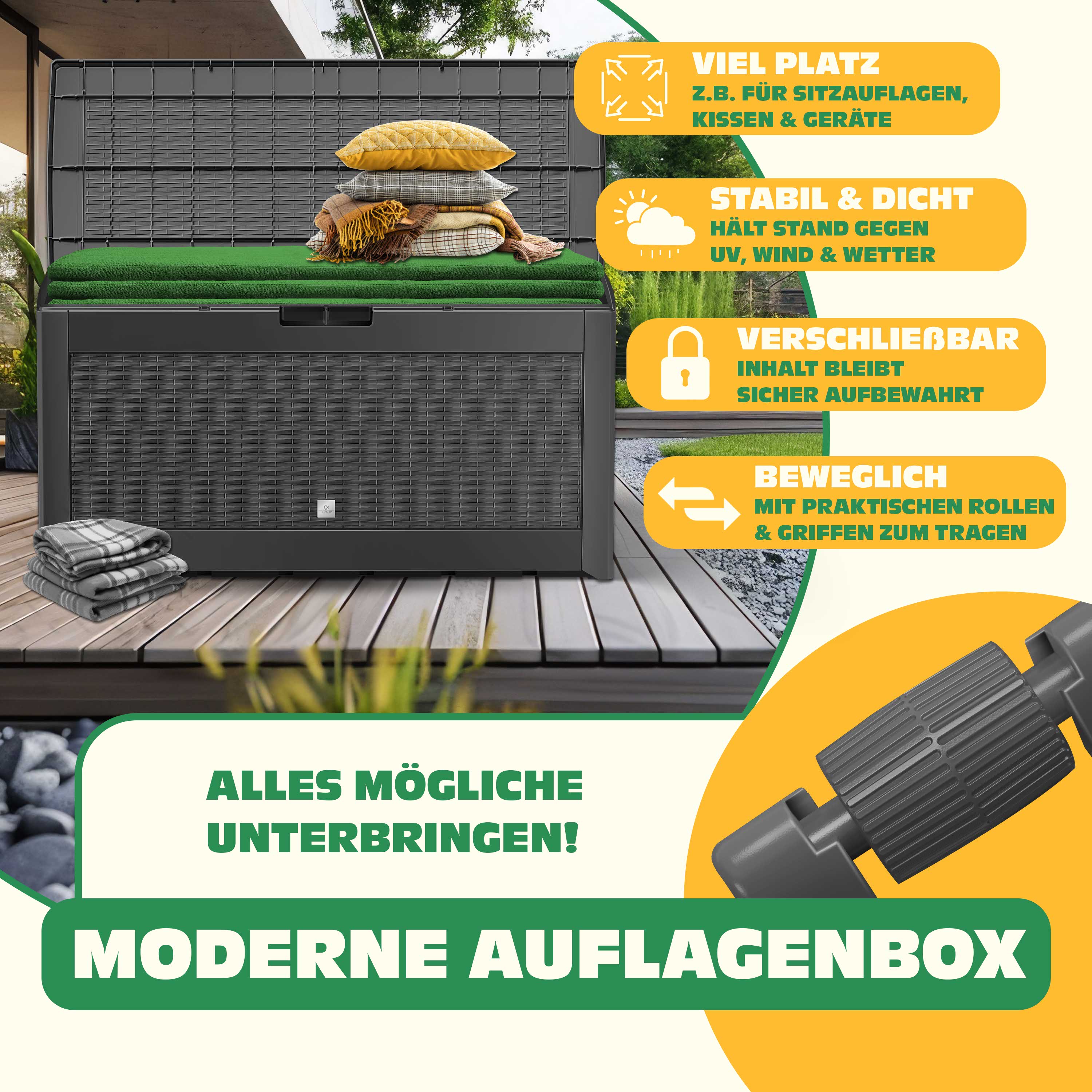 KESSER Auflagenbox Kissenbox 310 Liter – Klappbarer Deckel, Rollen, Haltegriffe, Rattanoptik, Anthrazit, Wetterfest & UV-beständig – Für Gartenkissen, Spielzeug & Mehr