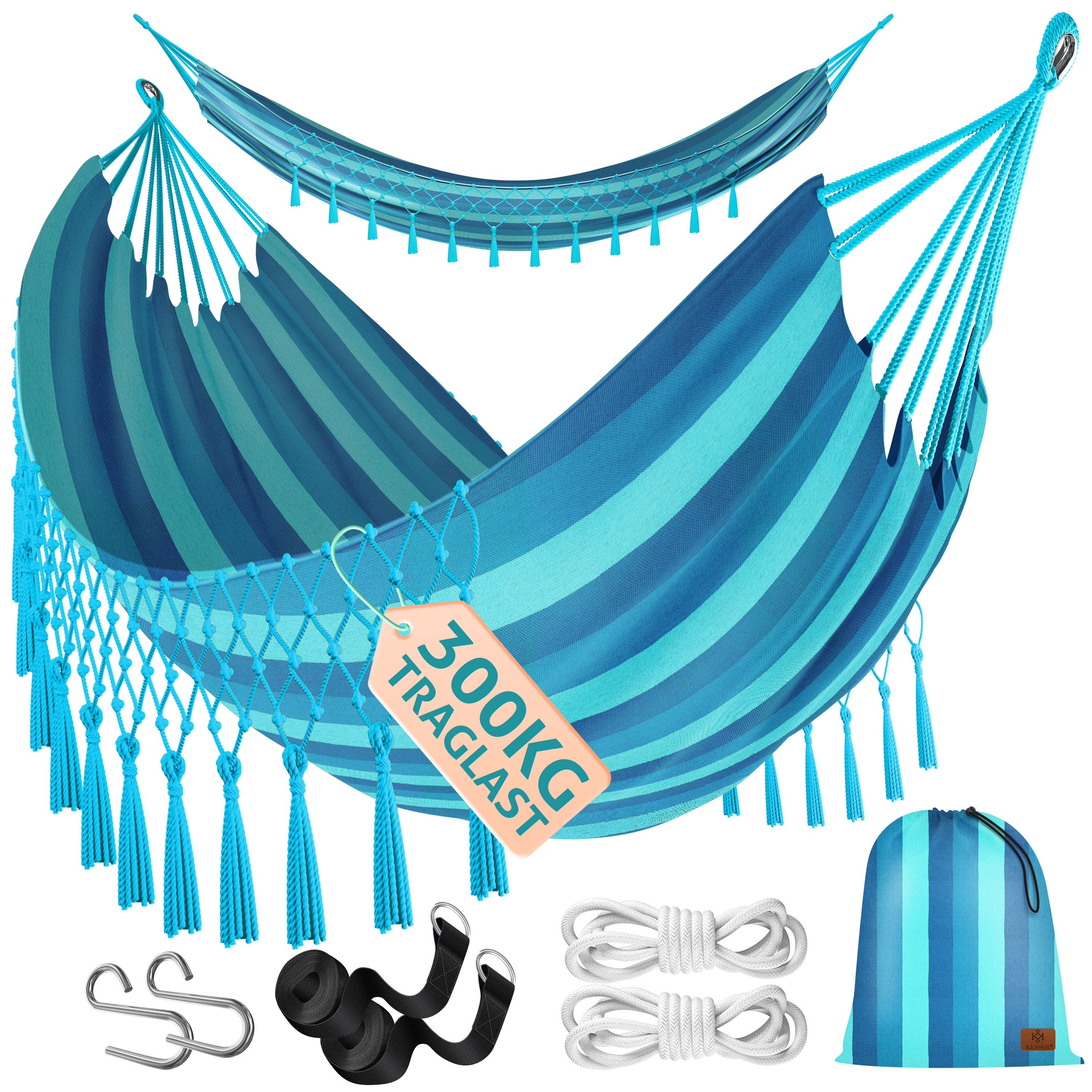 KESSER&reg; H&auml;ngematte 320x150 cm belastbar bis 300 kg, wetterfeste & atmungsaktive Tuchh&auml;ngematte mit Fransen f&uuml;r 1-2 Personen &ndash; Ideal f&uuml;r Camping, Garten & Outdoor, inkl. Beutel, Seile & Gurte 