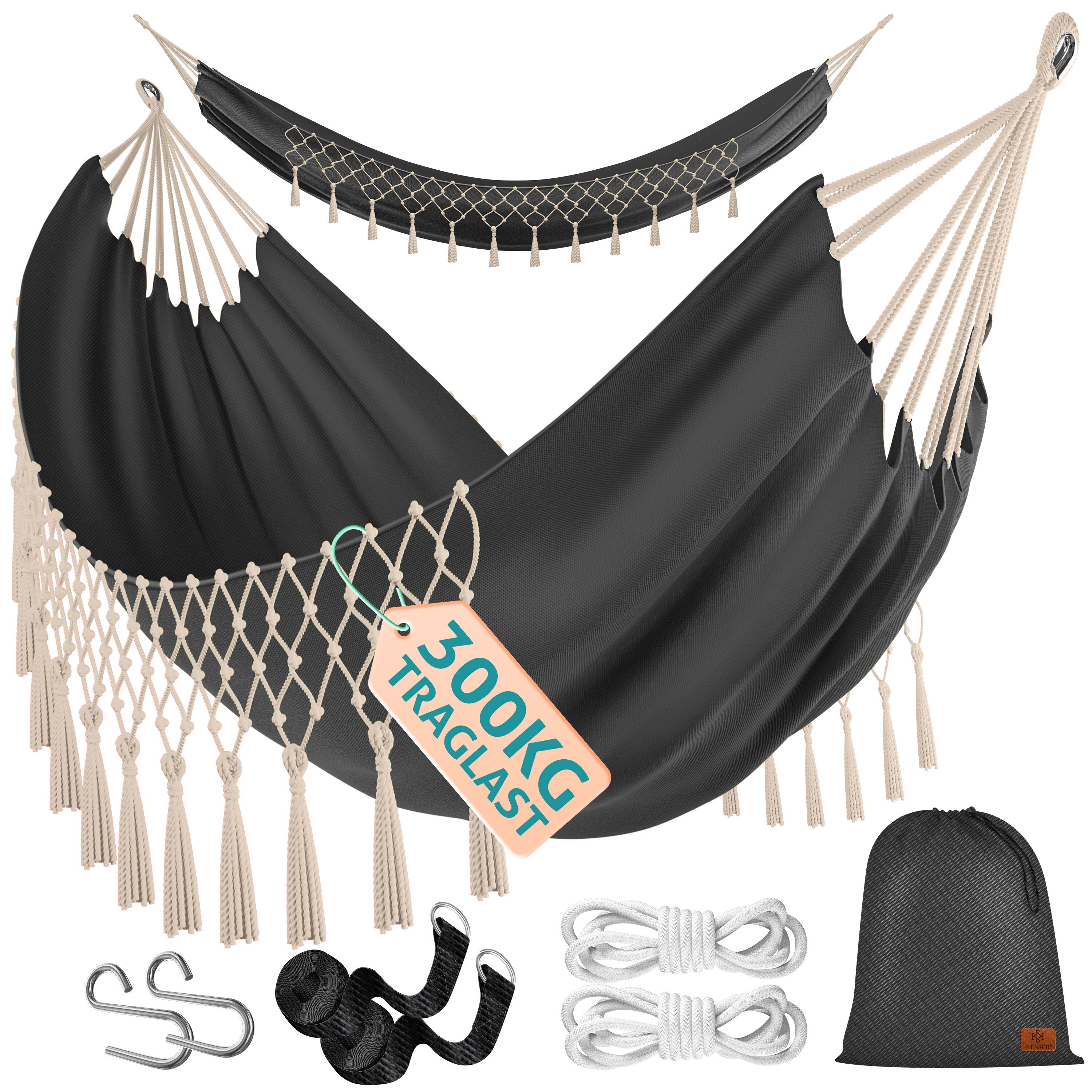 KESSER&reg; H&auml;ngematte 320x150 cm belastbar bis 300 kg, wetterfeste & atmungsaktive Tuchh&auml;ngematte mit Fransen f&uuml;r 1-2 Personen &ndash; Ideal f&uuml;r Camping, Garten & Outdoor, inkl. Beutel, Seile & Gurte 
