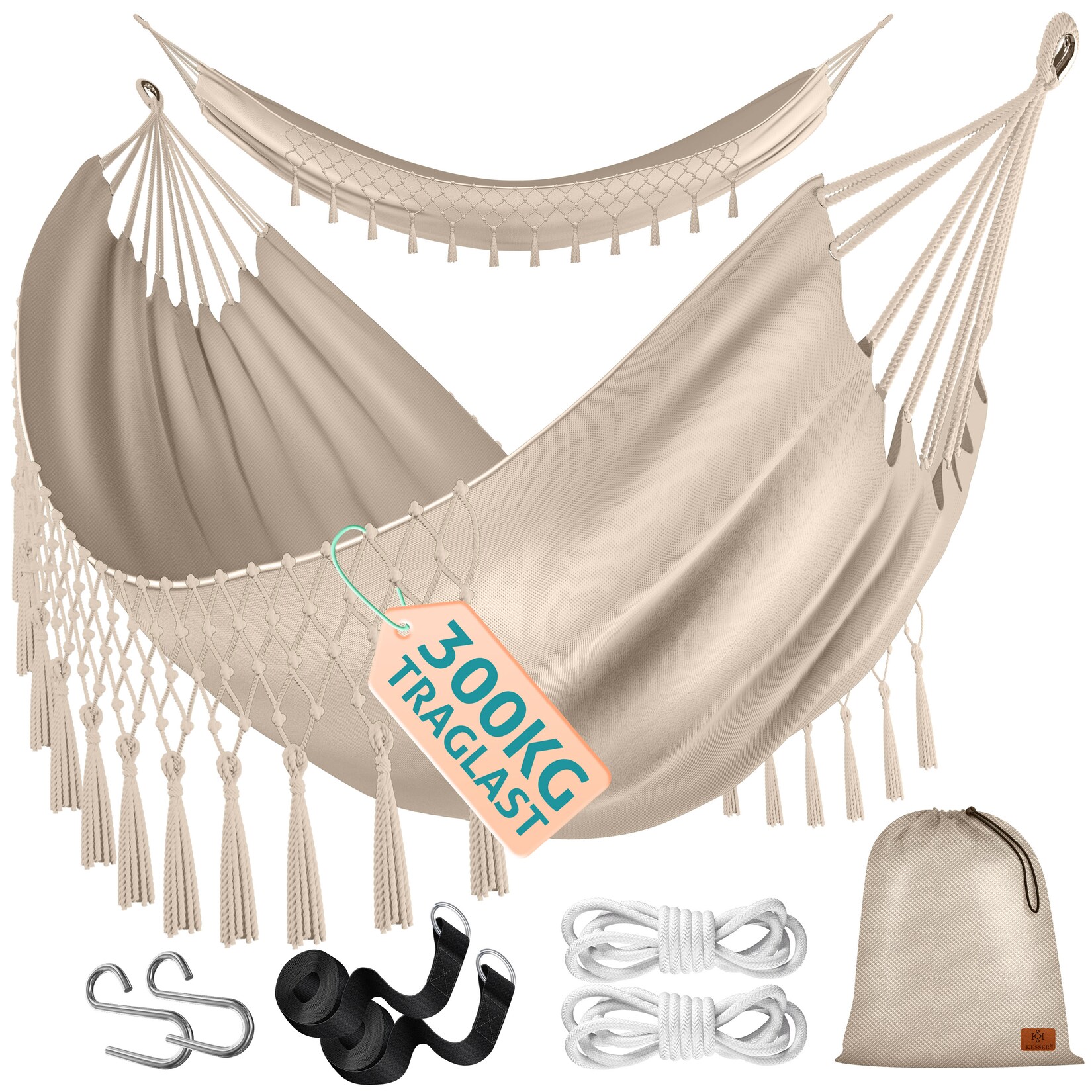 ® Hängematte 320x150 cm belastbar bis , wetterfeste & atmungsaktive Tuchhängematte mit Fransen für 1-2 Personen – Ideal für Camping, Garten & Outdoor, inkl. Beutel, Seile & Gurte