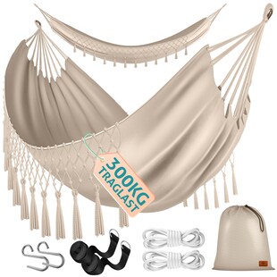 KESSER® Hängematte 320x150 cm belastbar bis 300 kg, wetterfeste & atmungsaktive Tuchhängematte mit Fransen für 1-2 Personen – Ideal für Camping, Garten & Outdoor, inkl. Beutel, Seile & Gurte 