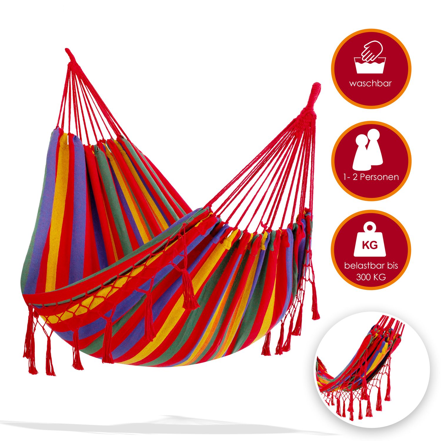 KESSER&reg; H&auml;ngematte 320x150 cm belastbar bis 300 kg, wetterfeste & atmungsaktive Tuchh&auml;ngematte mit Fransen f&uuml;r 1-2 Personen &ndash; Ideal f&uuml;r Camping, Garten & Outdoor, inkl. Beutel, Seile & Gurte 