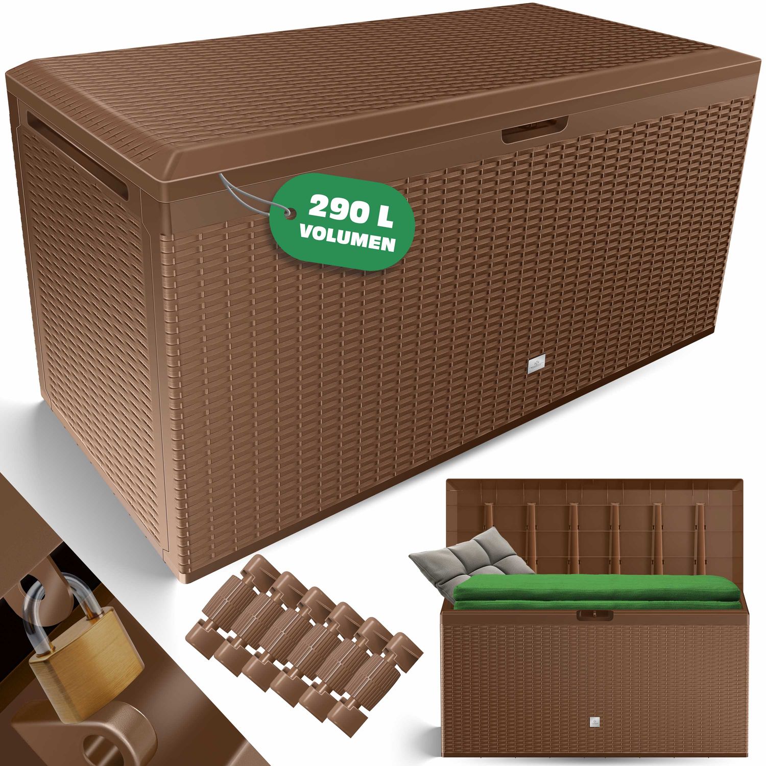 KESSER&reg; Auflagenbox Rattanoptik Kissenbox 290 Liter mit Rollen klappbarer Deckel Haltegriffe Rattanoptik Gartenbox wetterfeste Gartenkiste Aufbewahrungsbox 