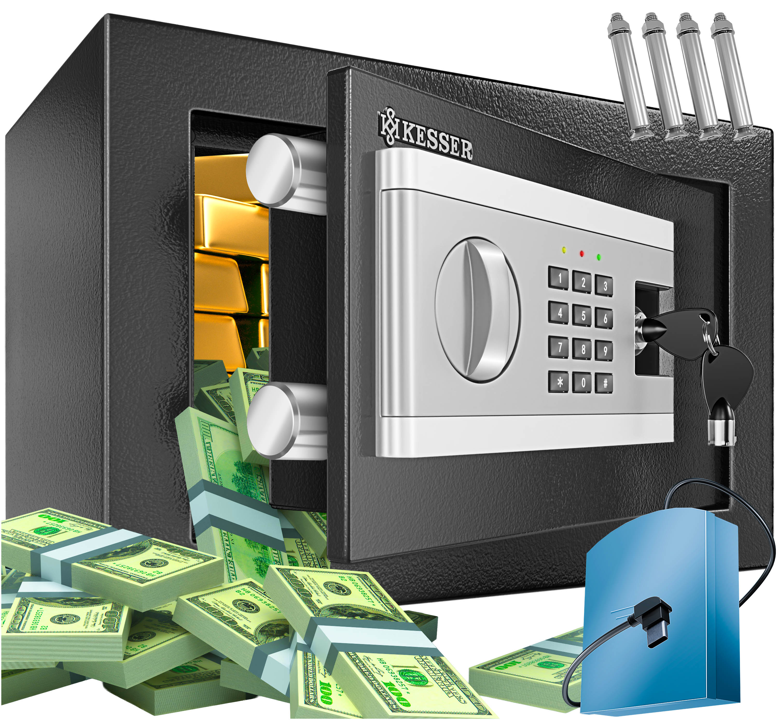 KESSER&reg; Elektr. Tresor | Inkl. Batteriebox | Elektronischer Safe | 3x Doppelbolzenverriegelung | Boden Wandtresor | M&ouml;beltresor | Innenbeleuchtung | Panzerschrank Zahlenschloss 