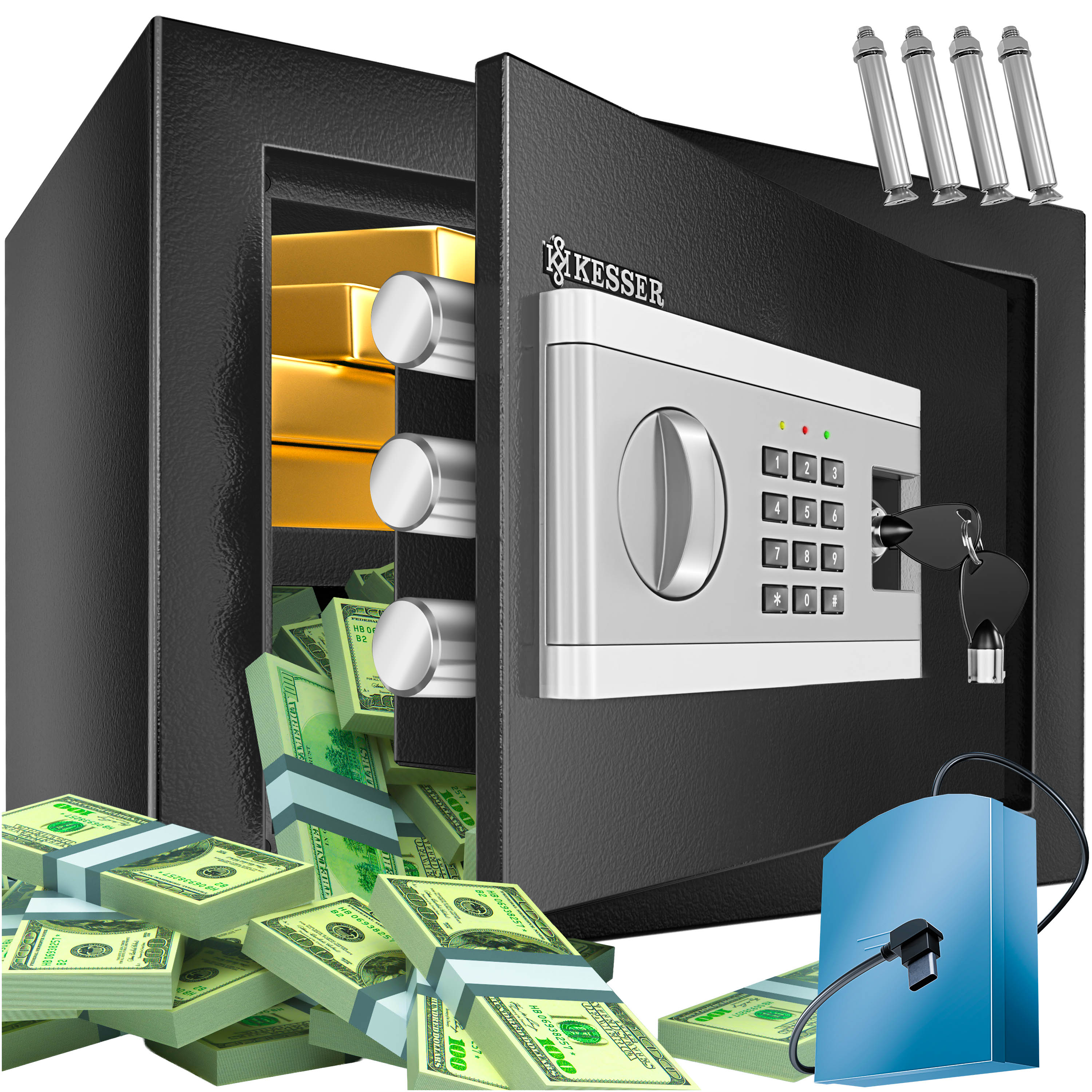 KESSER&reg; Elektr. Tresor | Inkl. Batteriebox | Elektronischer Safe | 3x Doppelbolzenverriegelung | Boden Wandtresor | M&ouml;beltresor | Innenbeleuchtung | Panzerschrank Zahlenschloss 