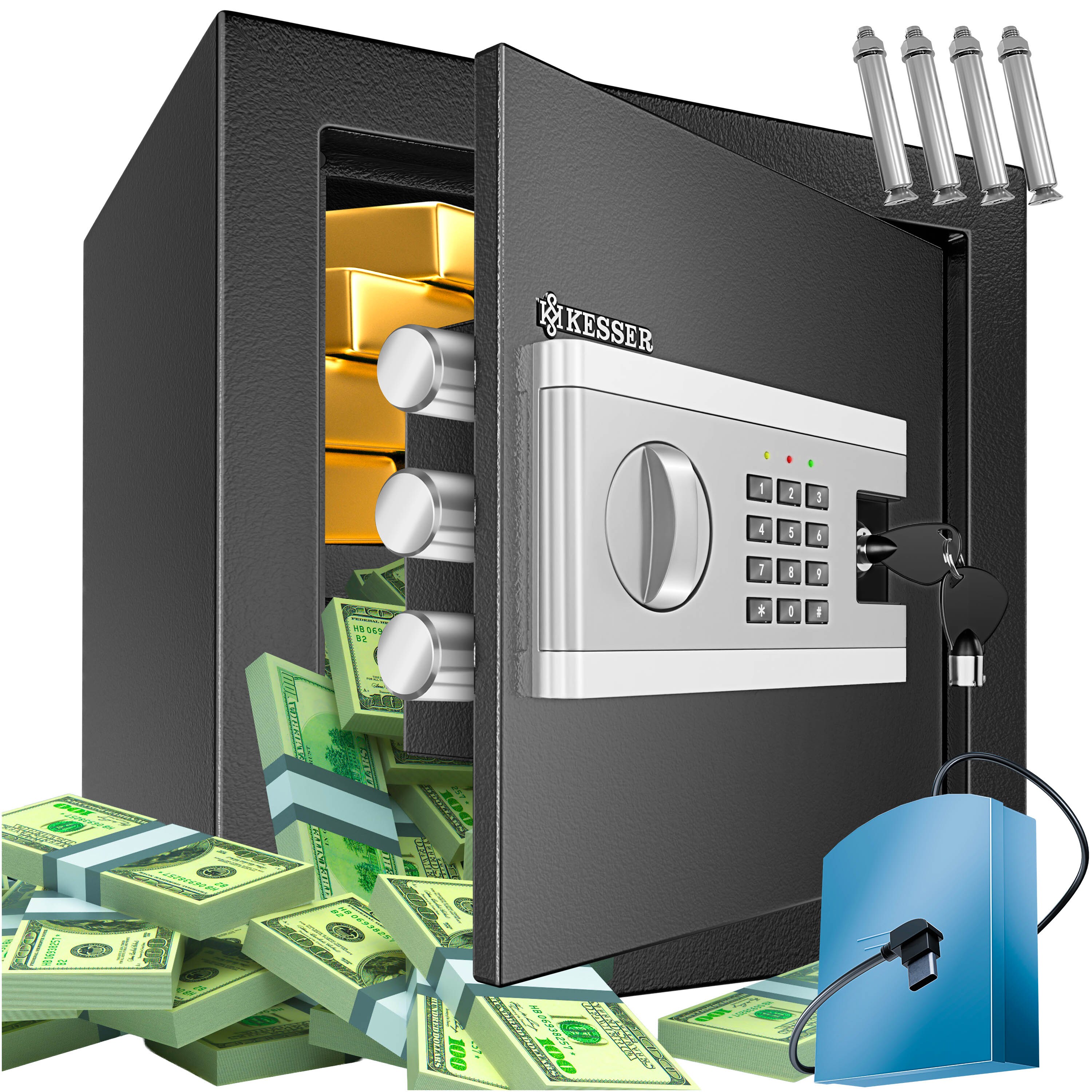 KESSER&reg; Elektr. Tresor | Inkl. Batteriebox | Elektronischer Safe | 3x Doppelbolzenverriegelung | Boden Wandtresor | M&ouml;beltresor | Innenbeleuchtung | Panzerschrank Zahlenschloss 