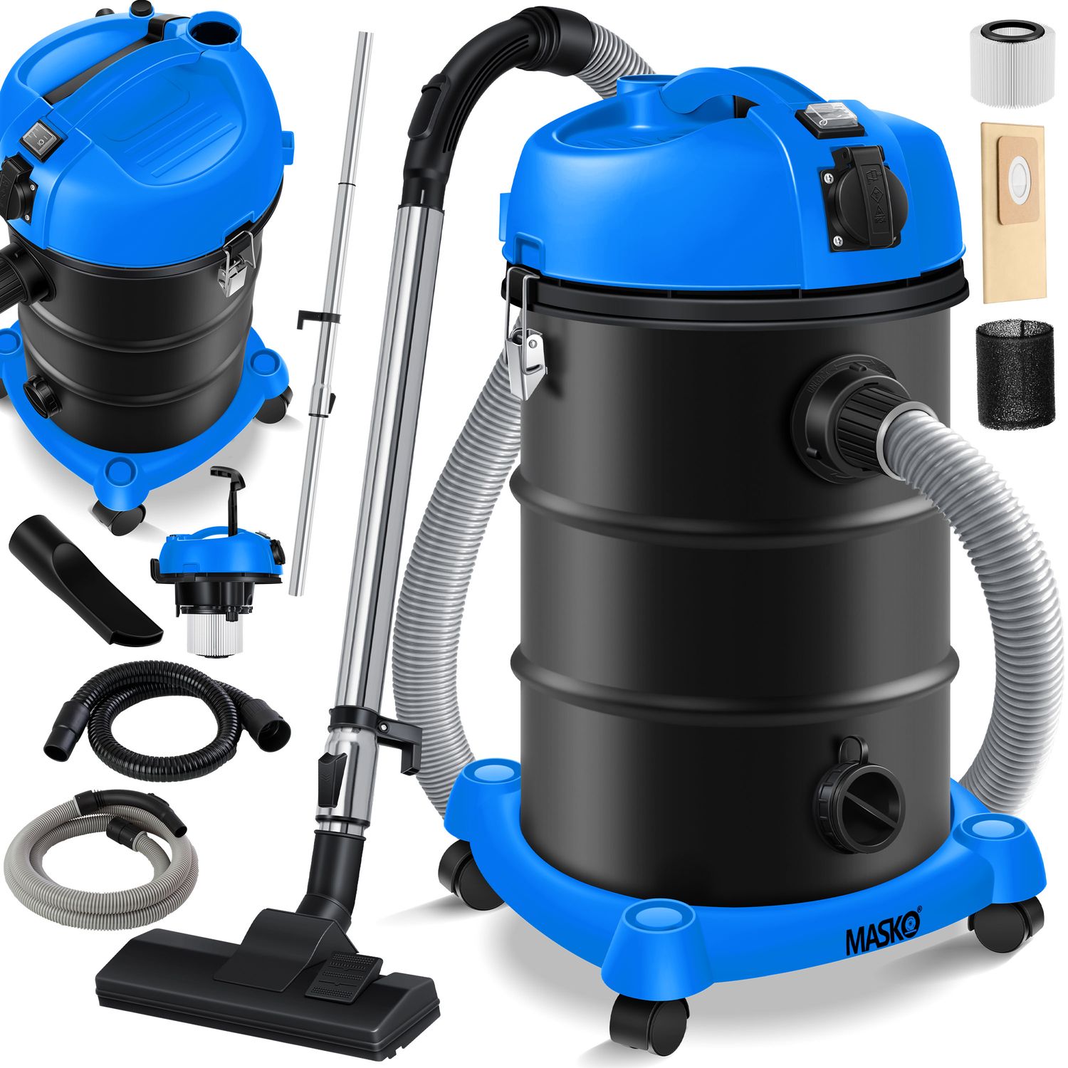 MASKO&reg; 6IN1 Industriestaubsauger Staubsauger Nass Trocken Sauger Aschesauger 2300W + Steckdose ? Blasfunktion ? Trocken-Saugen & Nass-Saugen | Industrie-Sauger mit & ohne Beutel | beutellos 