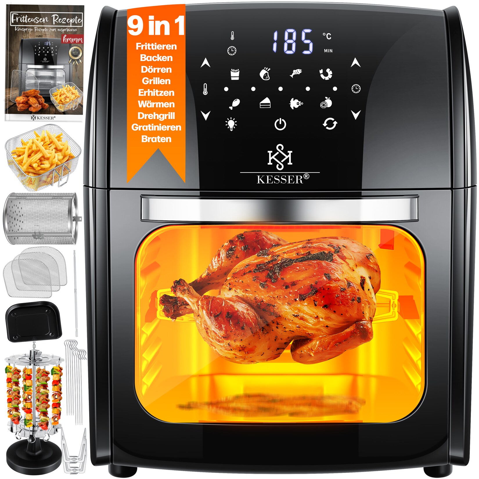 ® XXL Airfryer 9in1 Heißluftfritteuse Fritteuse Drehgrill Rezeptheft Grillspieß 1800 Watt fettfrei grillen 8 Programme inkl. Zubehör