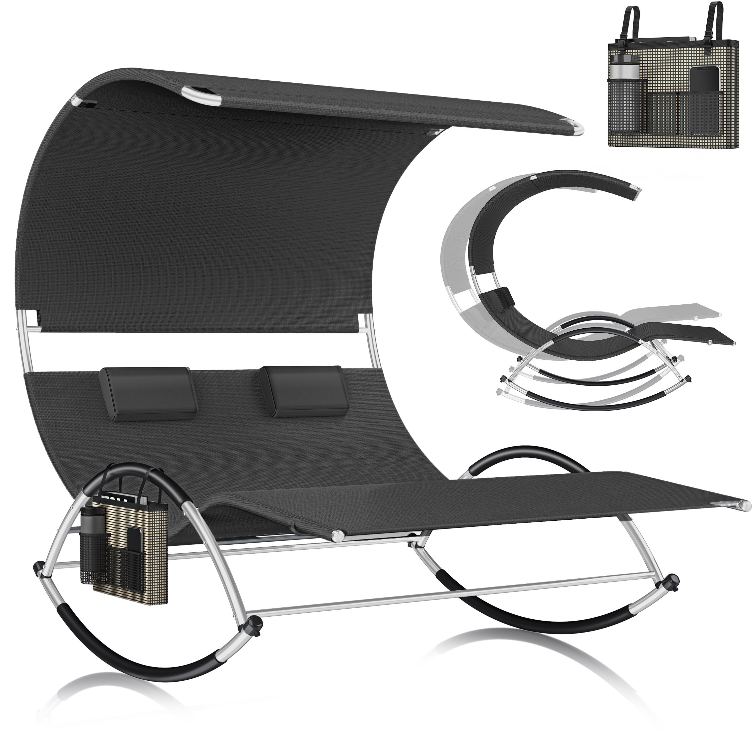 KESSER&reg; Doppel-Sonnenliege Doppelliege | mit Sonnendach , Kopfkissen Tasche | f&uuml;r 2 Personen | Relaxliege | Gartenliege | Schaukelliege ergonomisch geformte Liegefl&auml;che | 240 kg Belastung | 