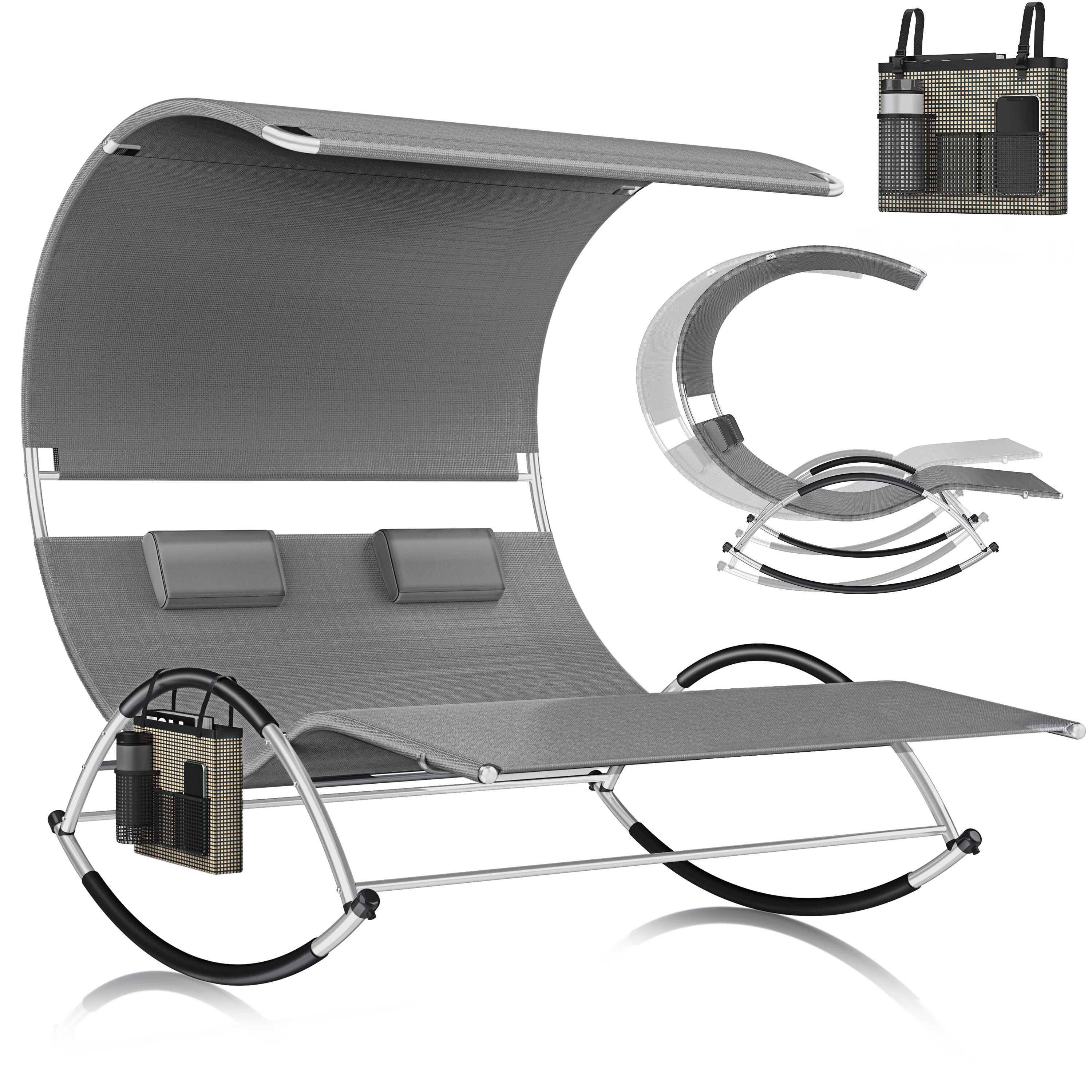 KESSER&reg; Doppel-Sonnenliege Doppelliege | mit Sonnendach , Kopfkissen Tasche | f&uuml;r 2 Personen | Relaxliege | Gartenliege | Schaukelliege ergonomisch geformte Liegefl&auml;che | 240 kg Belastung | 