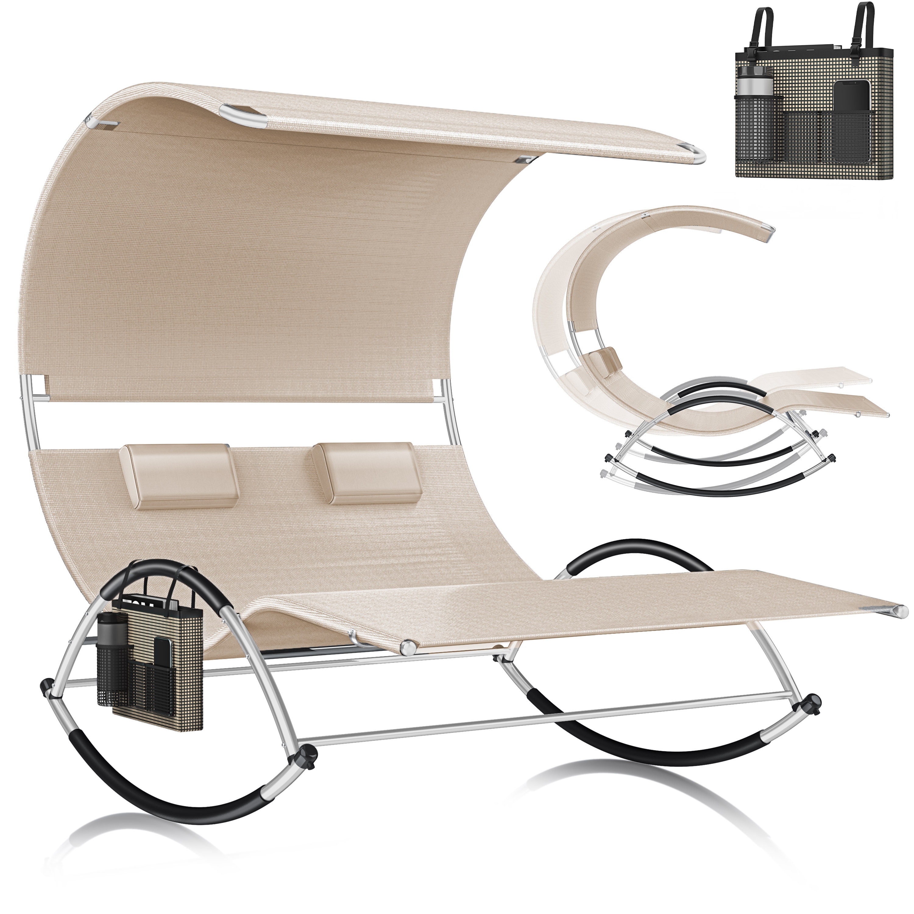 KESSER&reg; Doppel-Sonnenliege Doppelliege | mit Sonnendach , Kopfkissen Tasche | f&uuml;r 2 Personen | Relaxliege | Gartenliege | Schaukelliege ergonomisch geformte Liegefl&auml;che | 240 kg Belastung | 