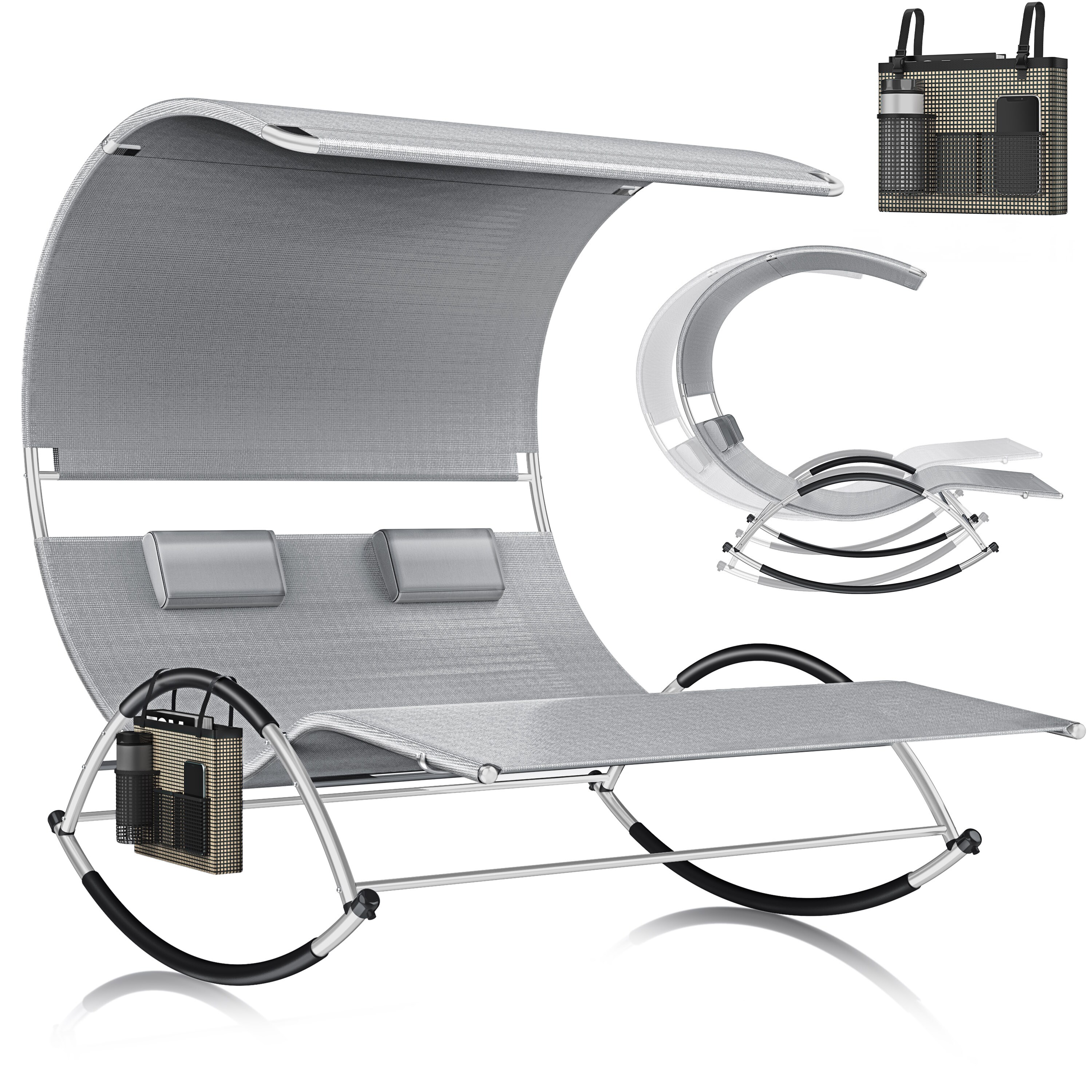 KESSER&reg; Doppel-Sonnenliege Doppelliege | mit Sonnendach , Kopfkissen Tasche | f&uuml;r 2 Personen | Relaxliege | Gartenliege | Schaukelliege ergonomisch geformte Liegefl&auml;che | 240 kg Belastung | 