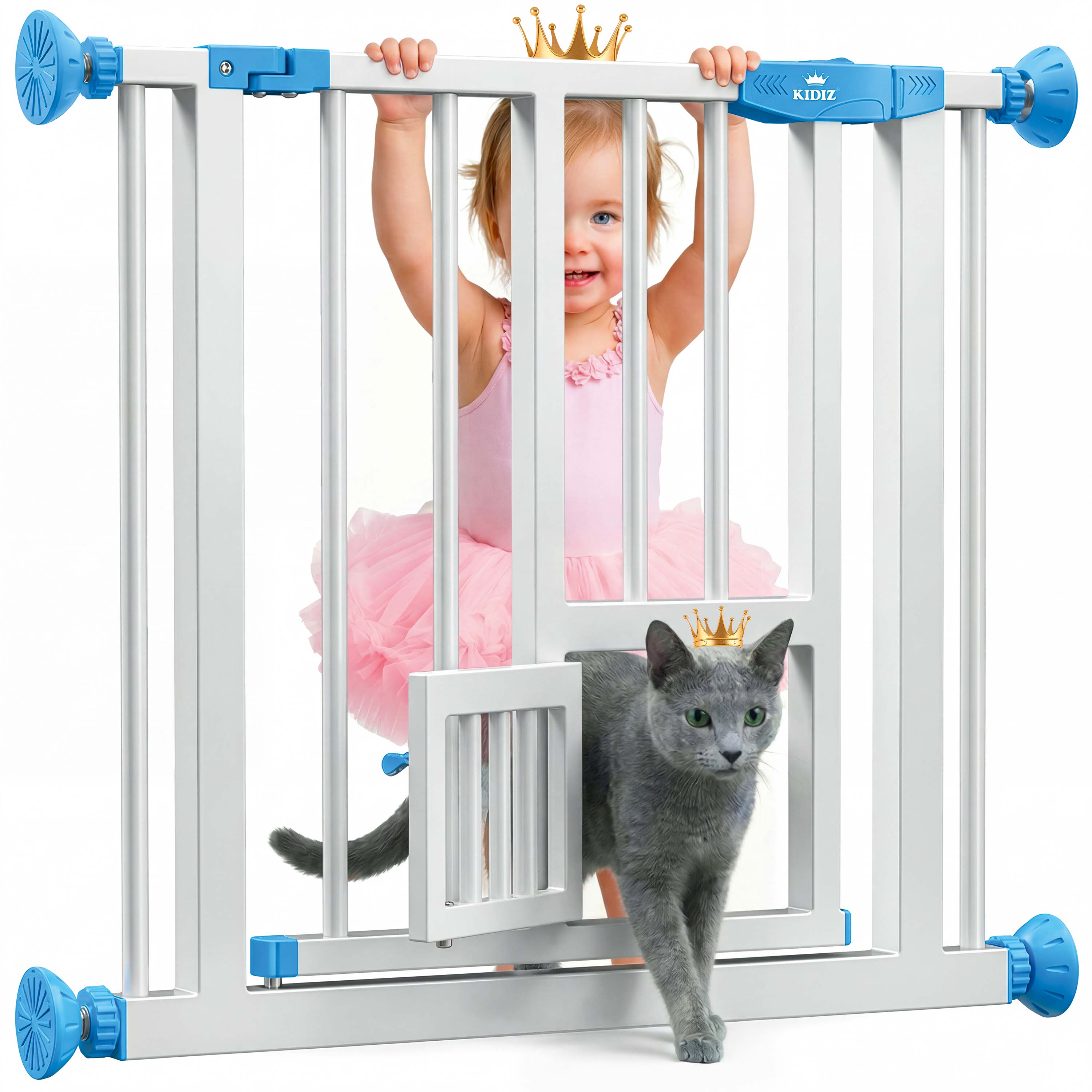 KIDIZ&reg; Absperrgitter zum Klemmen mit Katzenklappe, T&uuml;rschutzgitter, Autoclose Kinder Treppengitter ohne Bohren | 90&deg; Stopp Schutz, schwenkbar, Treppenschutzgitter 