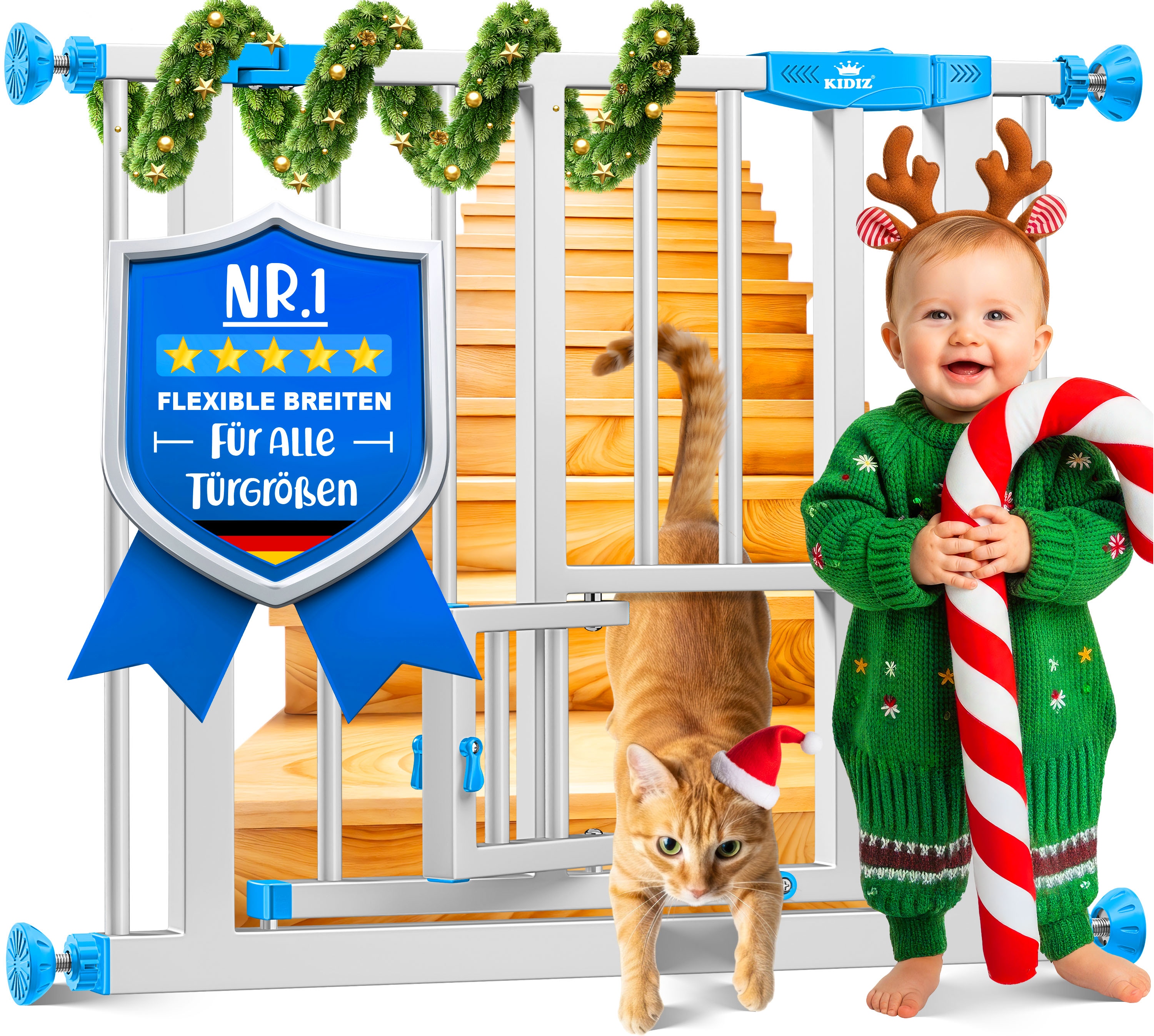 KIDIZ&reg; Absperrgitter zum Klemmen mit Katzenklappe, T&uuml;rschutzgitter, Autoclose Kinder Treppengitter ohne Bohren | 90&deg; Stopp Schutz, schwenkbar, Treppenschutzgitter 