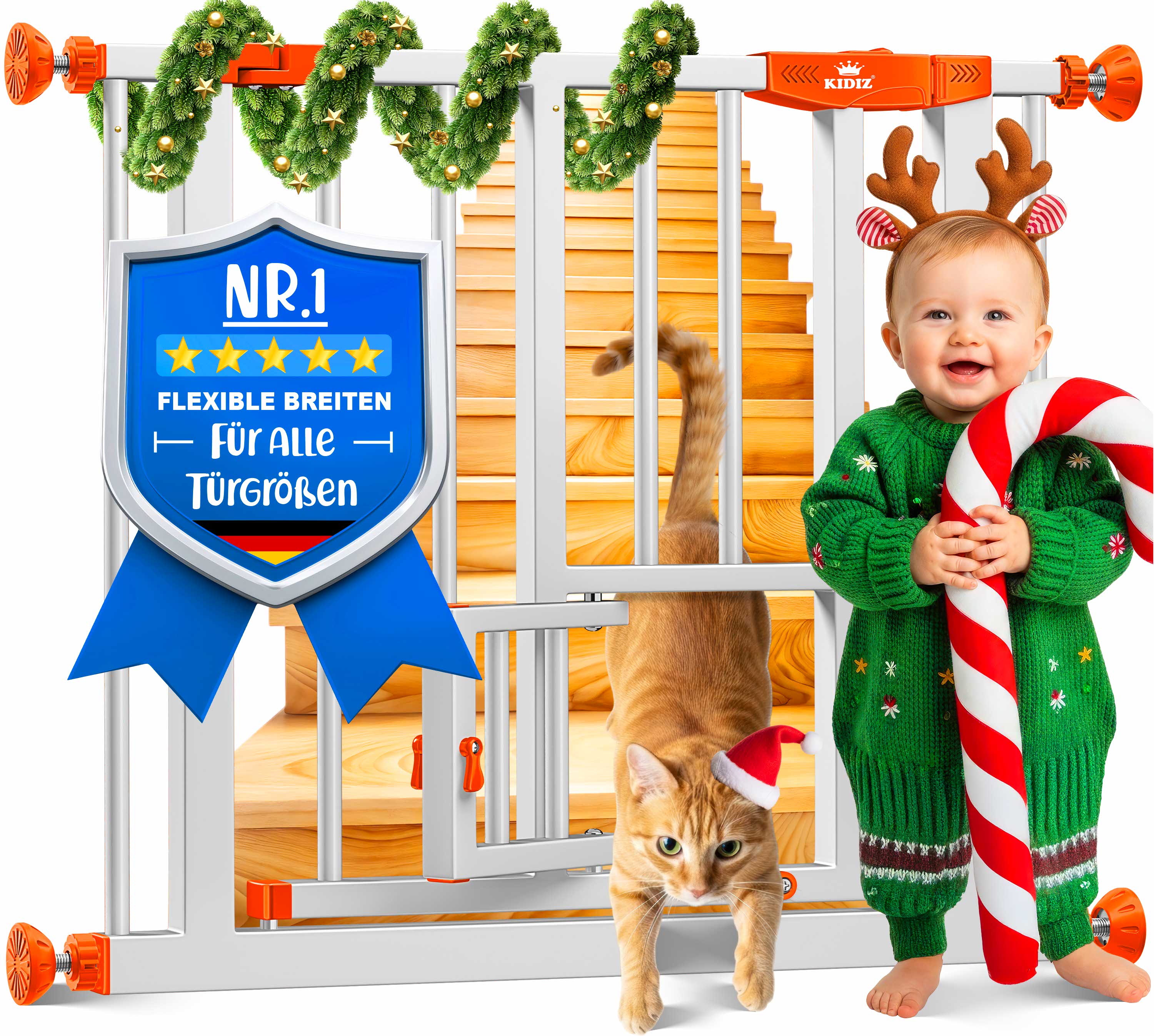 KIDIZ&reg; Absperrgitter zum Klemmen mit Katzenklappe, T&uuml;rschutzgitter, Autoclose Kinder Treppengitter ohne Bohren | 90&deg; Stopp Schutz, schwenkbar, Treppenschutzgitter 