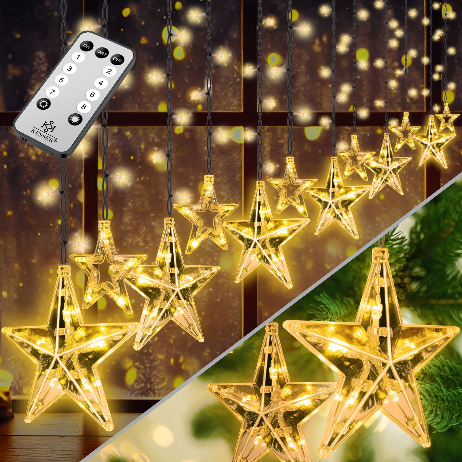 KESSER&reg; Lichtervorhang 12 Sterne LED Lichterkette - mit Fernbedienung - 8 Leuchteffekte - Timer - Dimmfunktion - In- & Outdoor Regenkette Sternenvorhang Lichtervorhang - IP44 wasserdicht - Bild 1