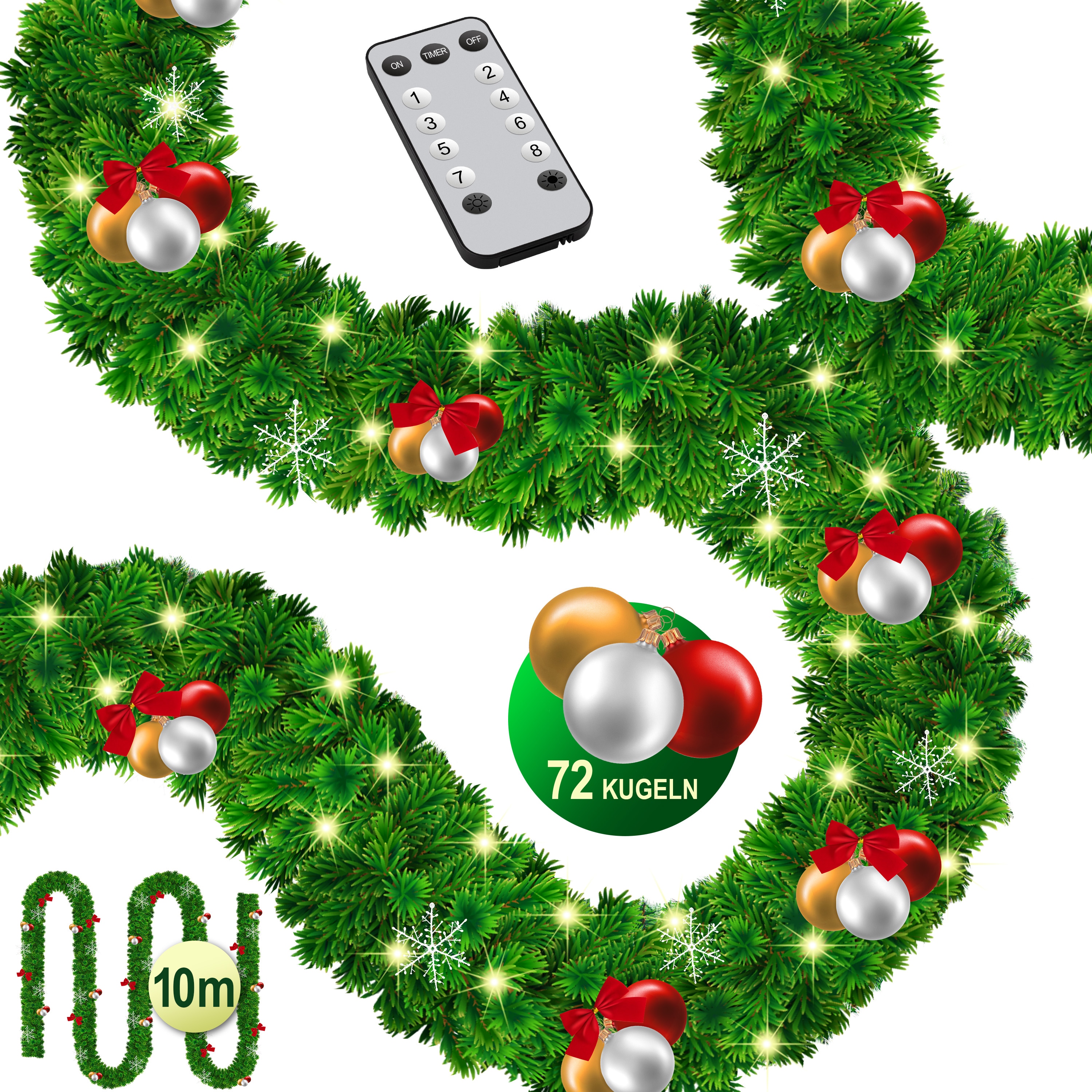 KESSER&reg; Weihnachtsgirlande mit LED &ndash; 5&nbsp;m oder 10&nbsp;m, 100&ndash;200 LEDs, IP44, naturgr&uuml;n, mit Schnee-Effekt je nach Modell, f&uuml;r Outdoor & Indoor, mit Fernbedienung & Weihnachtsdeko je nach Variante 