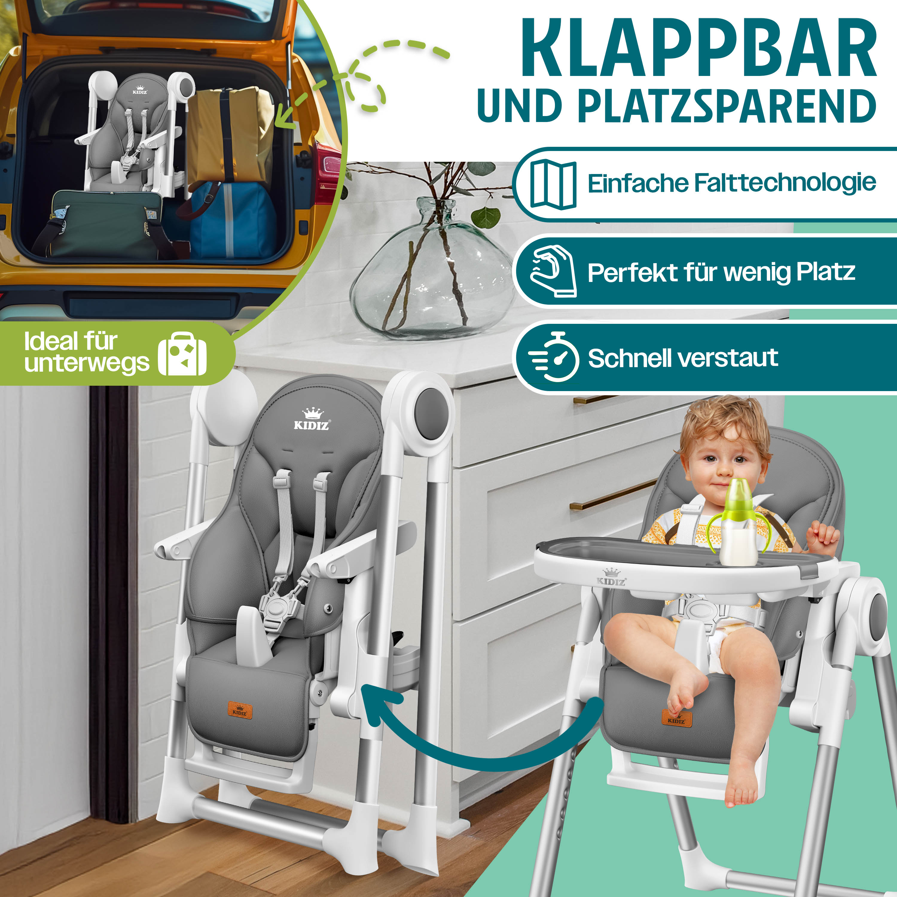Kinderwagen 3 In 1 KIDIZ® 3in1 Hochstuhl Kinderhochstuhl Inkl. Spielbügel Babyliege Beistellbett Baby