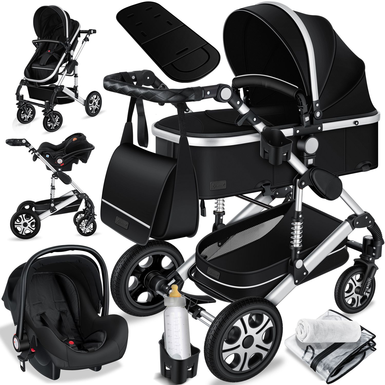 KESSER&reg; Loops Kinderwagen 4 in 1 Kombikinderwagen Komplett-Set auch als Buggy f&uuml;r Kinder bis 4 Jahre inkl. Babywanne, Babyschale + Fu&szlig;sack, Korb, Wickeltasche, Regen- & Insektenschutz & Flaschenhalter 