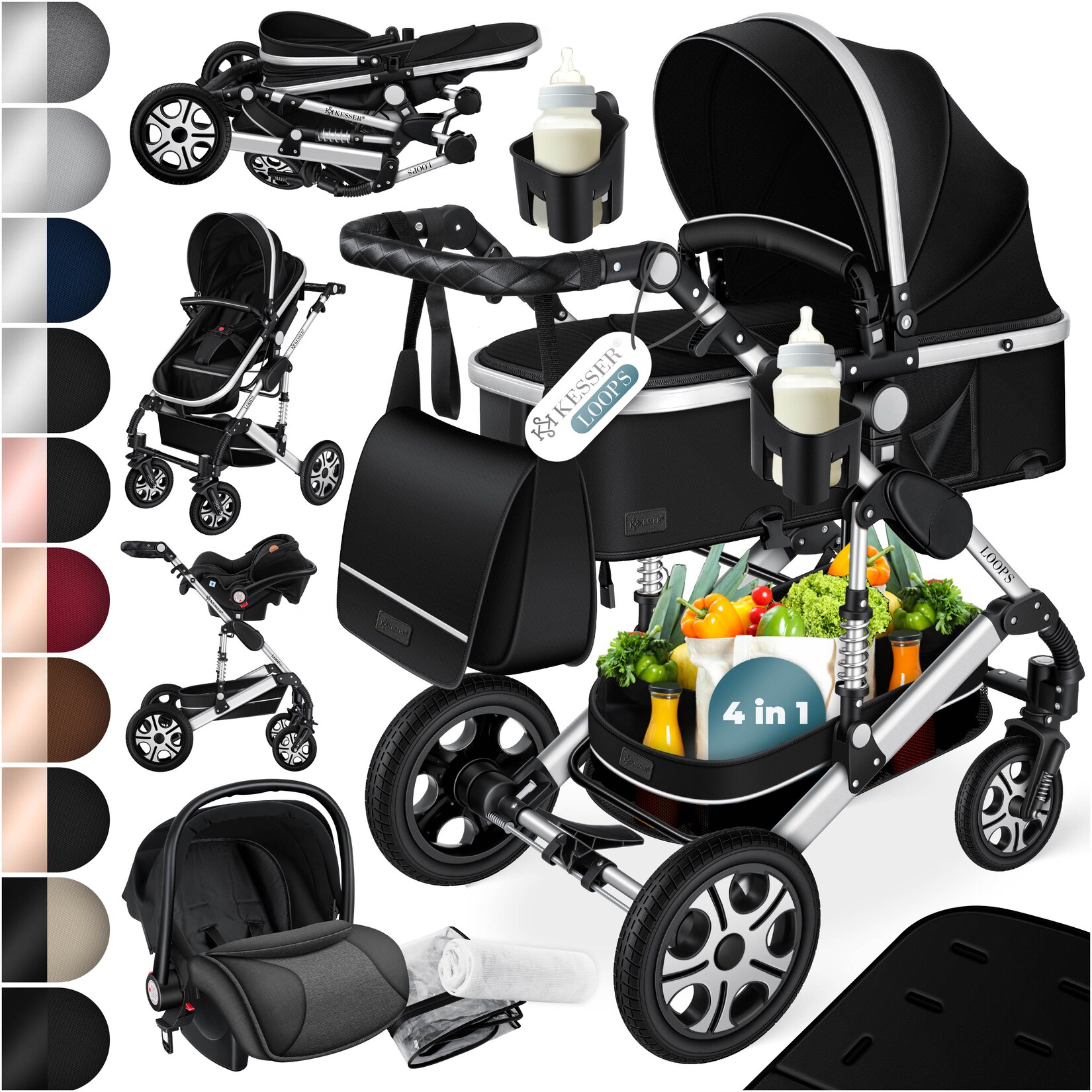 ® Loops Kinderwagen 4 in 1 Kombikinderwagen Komplett-Set auch als Buggy für Kinder bis 4 Jahre inkl. Babywanne, Babyschale + Fußsack, Korb, Wickeltasche, Regen- & Insektenschutz & Flaschenhalter