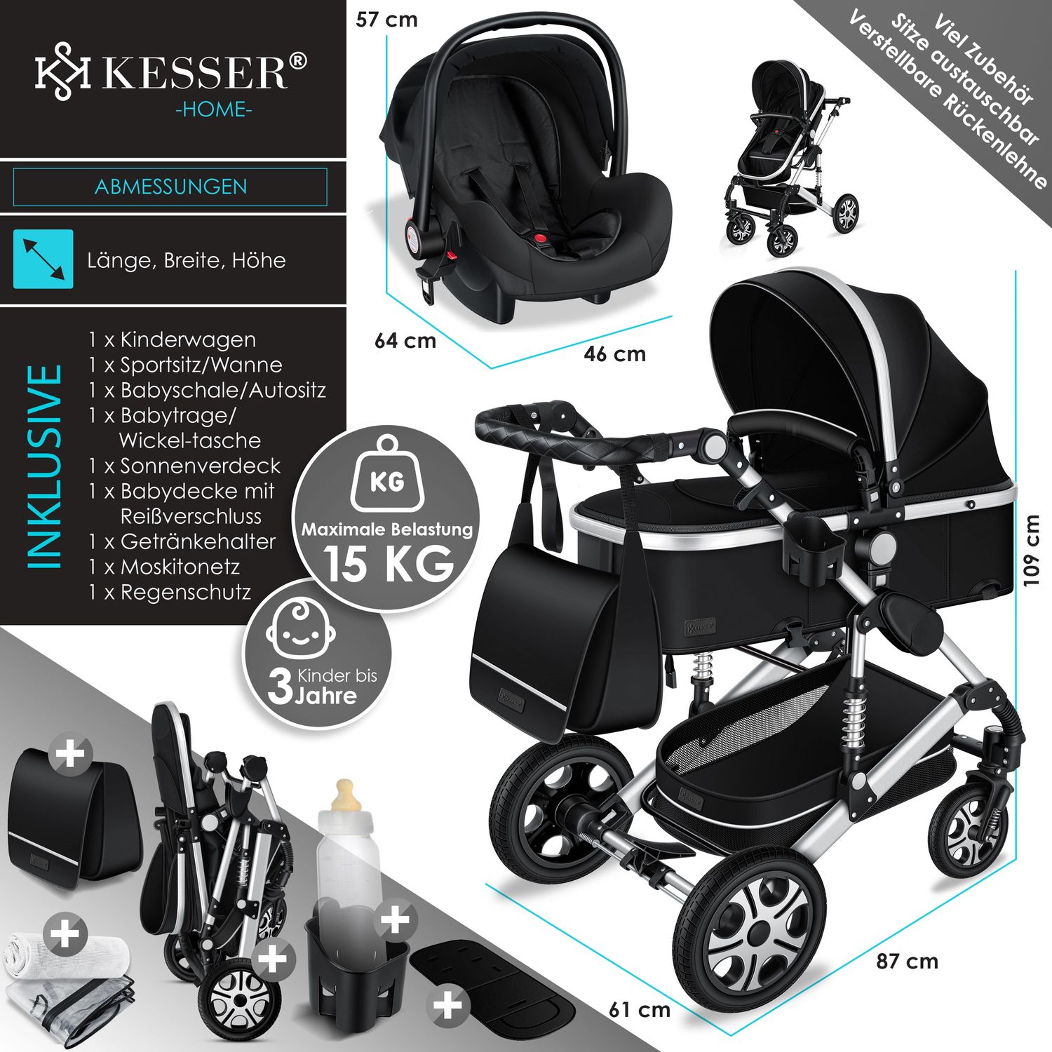 KESSER Loops Kinderwagen 4 in 1 Kombikinderwagen Komplett-Set auch als  Buggy fr Kinder bis 4 Jahre inkl. Babywanne, Babyschale + Fusack, Korb,  Wickeltasche, Regen- & Insektenschutz & Flaschenhalter bei Marktkauf online  bestellen