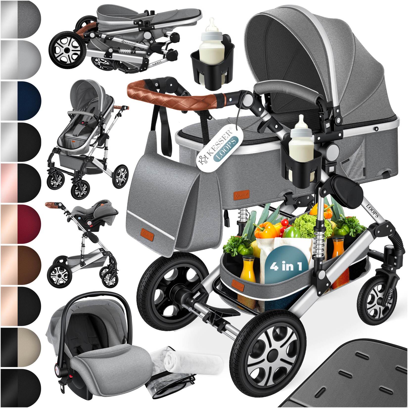 ® Loops Kinderwagen 4 in 1 Kombikinderwagen Komplett-Set auch als Buggy für Kinder bis 4 Jahre inkl. Babywanne, Babyschale + Fußsack, Korb, Wickeltasche, Regen- & Insektenschutz & Flaschenhalter
