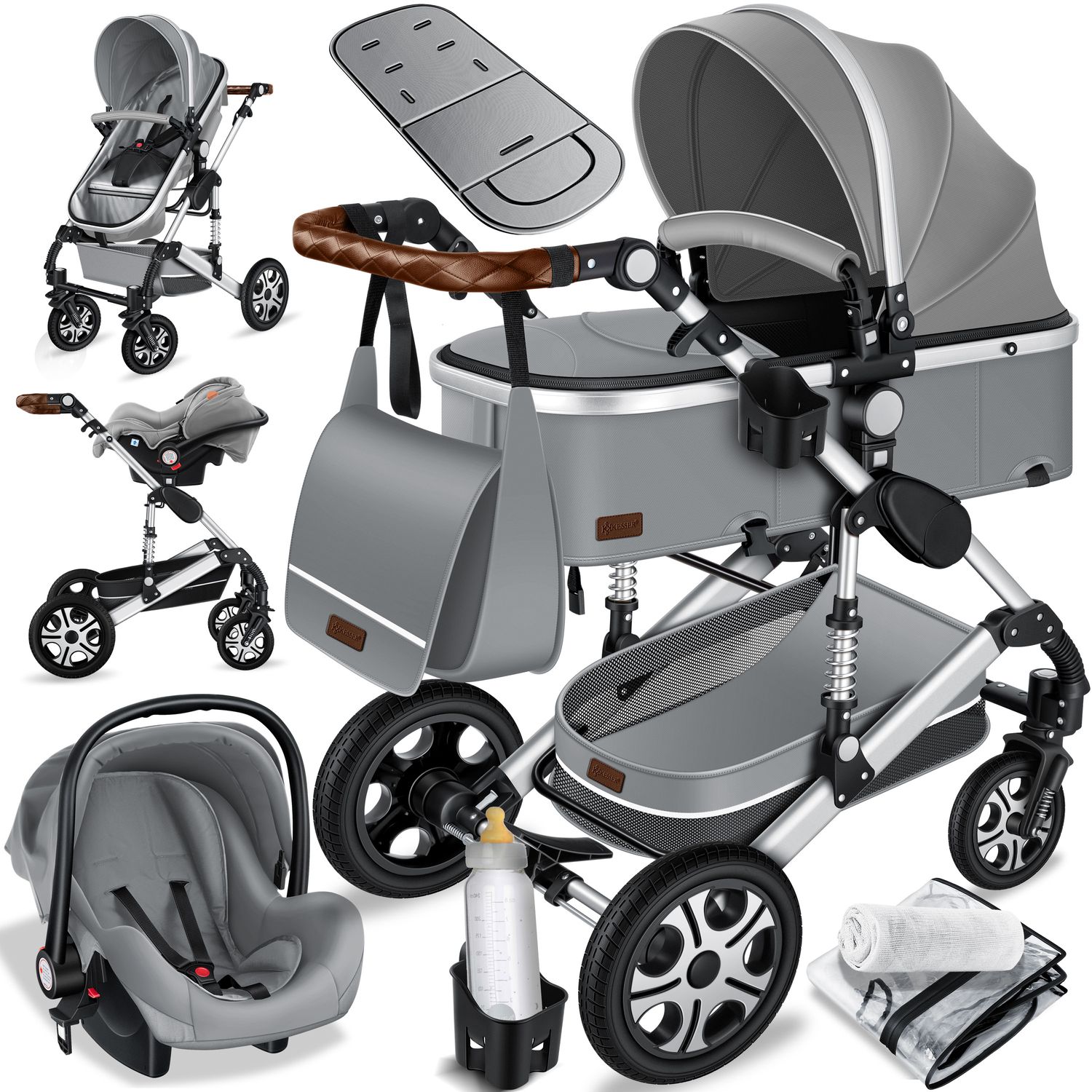 KESSER&reg; Loops Kinderwagen 4 in 1 Kombikinderwagen Komplett-Set auch als Buggy f&uuml;r Kinder bis 4 Jahre inkl. Babywanne, Babyschale + Fu&szlig;sack, Korb, Wickeltasche, Regen- & Insektenschutz & Flaschenhalter 