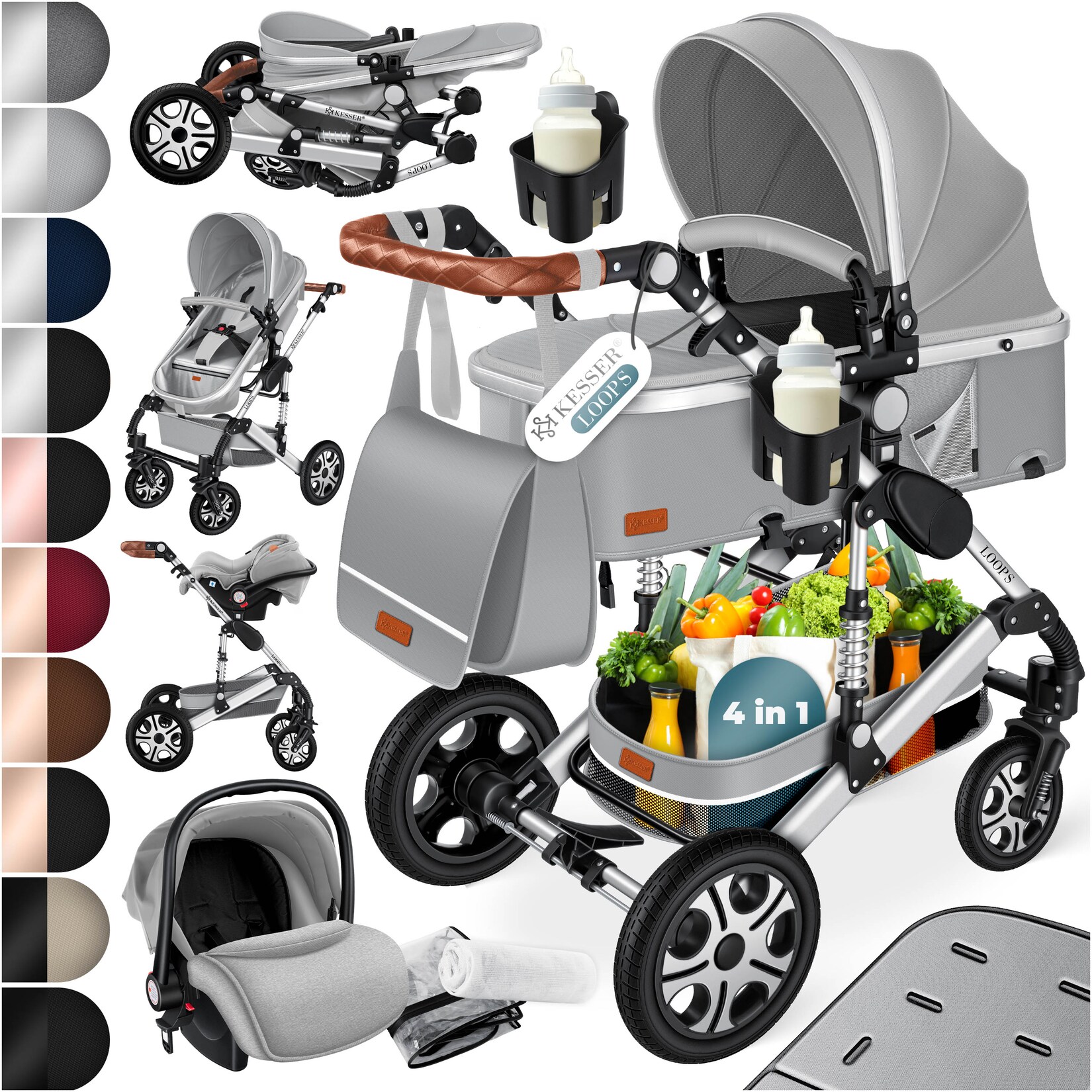 ® Loops Kinderwagen 4 in 1 Kombikinderwagen Komplett-Set auch als Buggy für Kinder bis 4 Jahre inkl. Babywanne, Babyschale + Fußsack, Korb, Wickeltasche, Regen- & Insektenschutz & Flaschenhalter