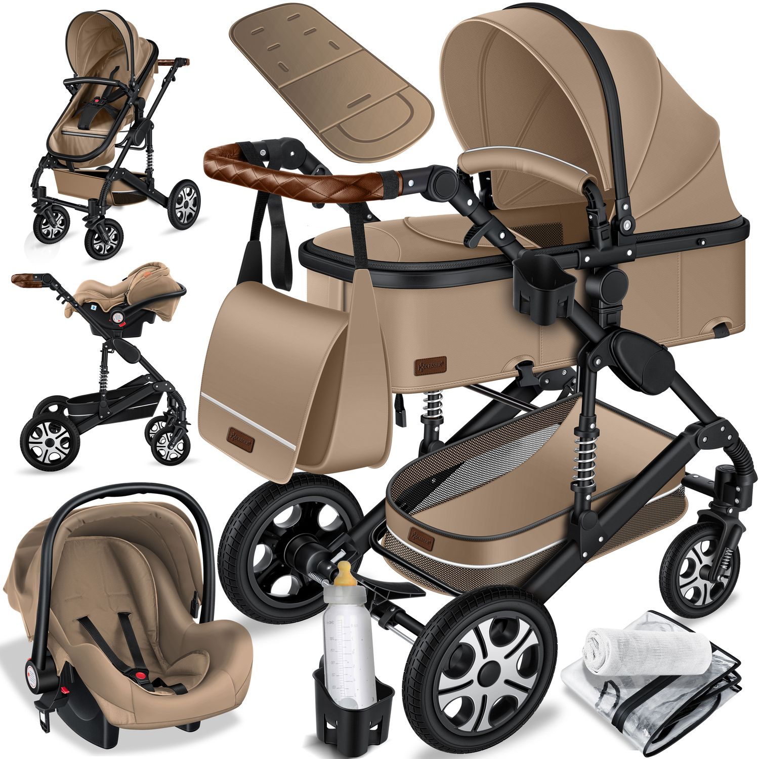 KESSER&reg; Loops Kinderwagen 4 in 1 Kombikinderwagen Komplett-Set auch als Buggy f&uuml;r Kinder bis 4 Jahre inkl. Babywanne, Babyschale + Fu&szlig;sack, Korb, Wickeltasche, Regen- & Insektenschutz & Flaschenhalter 