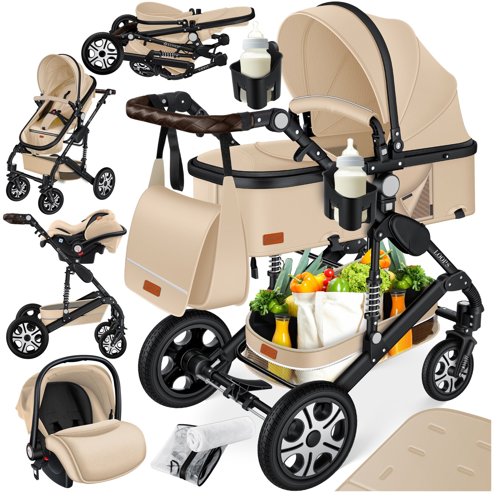 ® Loops Kinderwagen 4 in 1 Kombikinderwagen Komplett-Set auch als Buggy für Kinder bis 4 Jahre inkl. Babywanne, Babyschale + Fußsack, Korb, Wickeltasche, Regen- & Insektenschutz & Flaschenhalter