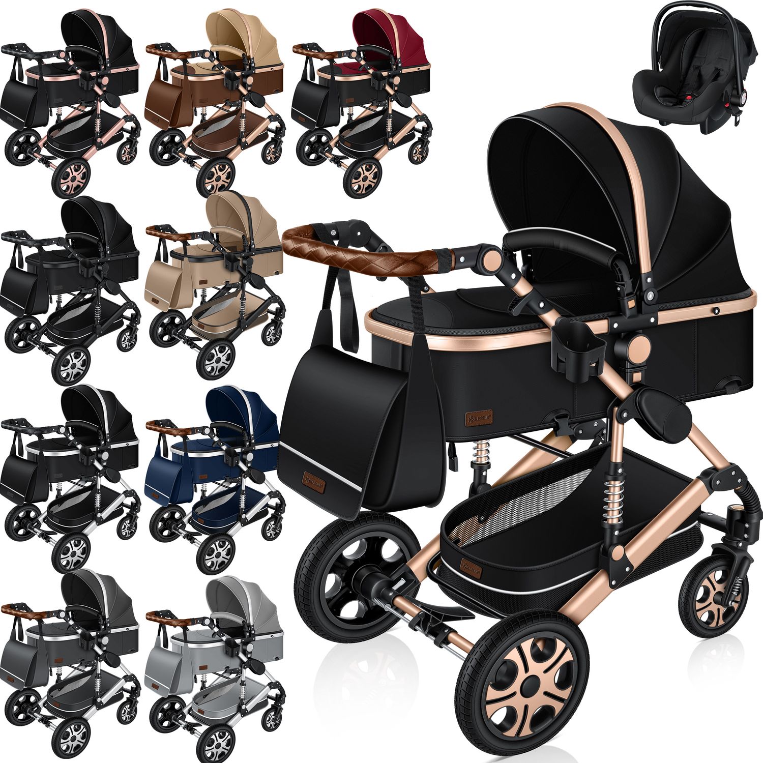 KESSER&reg; Loops Kinderwagen 4 in 1 Kombikinderwagen Komplett-Set auch als Buggy f&uuml;r Kinder bis 4 Jahre inkl. Babywanne, Babyschale + Fu&szlig;sack, Korb, Wickeltasche, Regen- & Insektenschutz & Flaschenhalter 