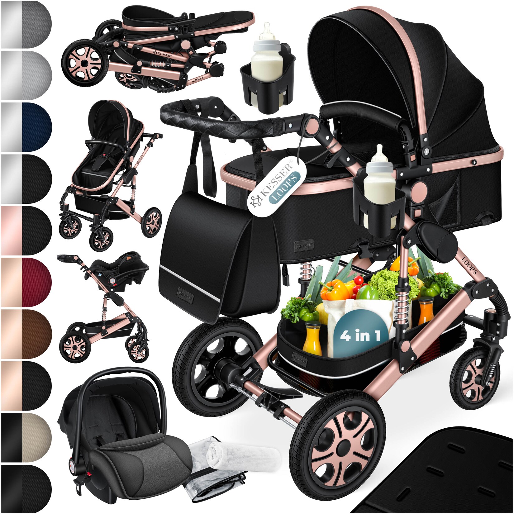 ® Loops Kinderwagen 4 in 1 Kombikinderwagen Komplett-Set auch als Buggy für Kinder bis 4 Jahre inkl. Babywanne, Babyschale + Fußsack, Korb, Wickeltasche, Regen- & Insektenschutz & Flaschenhalter