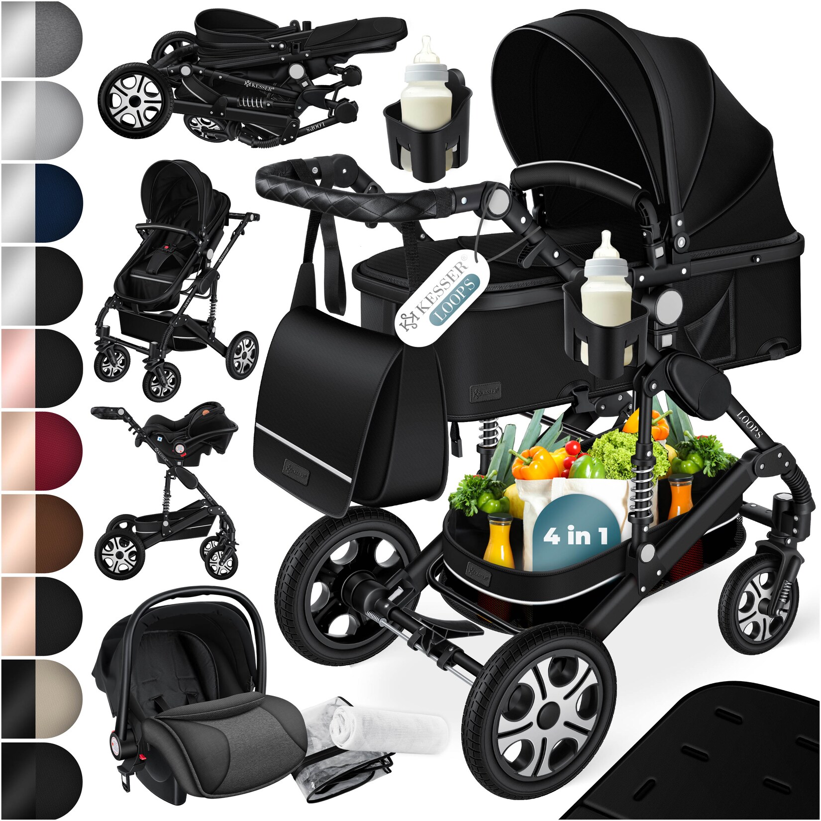 ® Loops Kinderwagen 4 in 1 Kombikinderwagen Komplett-Set auch als Buggy für Kinder bis 4 Jahre inkl. Babywanne, Babyschale + Fußsack, Korb, Wickeltasche, Regen- & Insektenschutz & Flaschenhalter