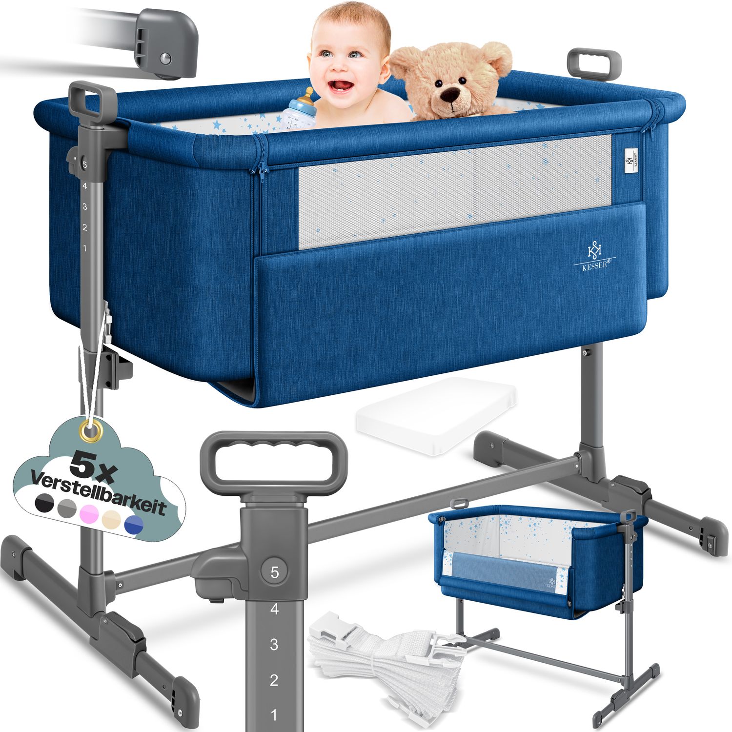 KESSER&reg; Zustellbett Hubi 3in1 Baby Beistellbett Reisebett Babybett mit weich Matratze, mit Rollen Kinderbett, 5-fach H&ouml;henverstellung, Faltbare Seitenwand f&uuml;r zu Hause und unterwegs 