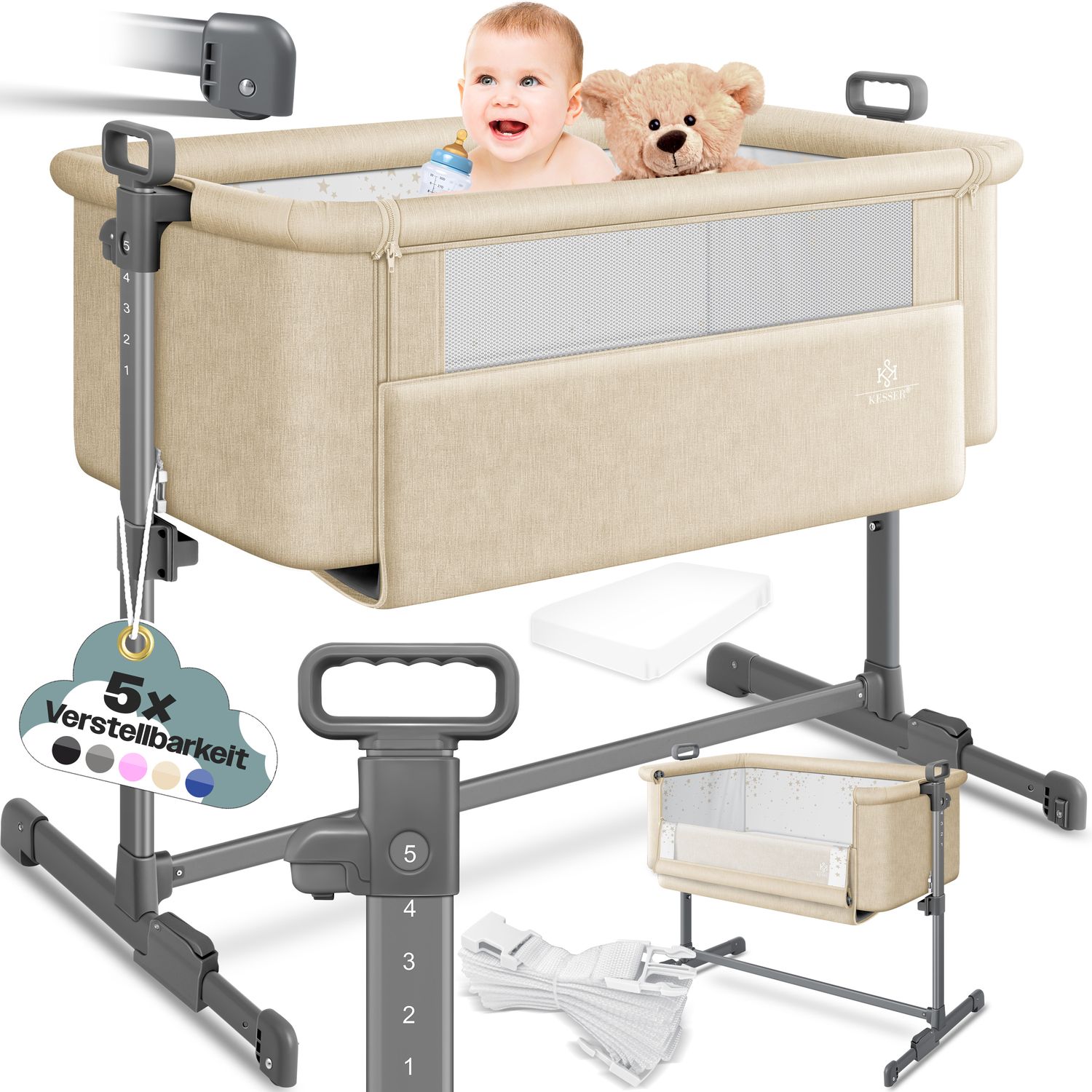 KESSER&reg; Zustellbett Hubi 3in1 Baby Beistellbett Reisebett Babybett mit weich Matratze, mit Rollen Kinderbett, 5-fach H&ouml;henverstellung, Faltbare Seitenwand f&uuml;r zu Hause und unterwegs 