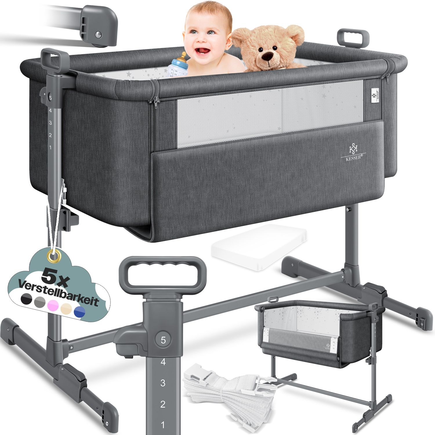 KESSER&reg; Zustellbett Hubi 3in1 Baby Beistellbett Reisebett Babybett mit weich Matratze, mit Rollen Kinderbett, 5-fach H&ouml;henverstellung, Faltbare Seitenwand f&uuml;r zu Hause und unterwegs 