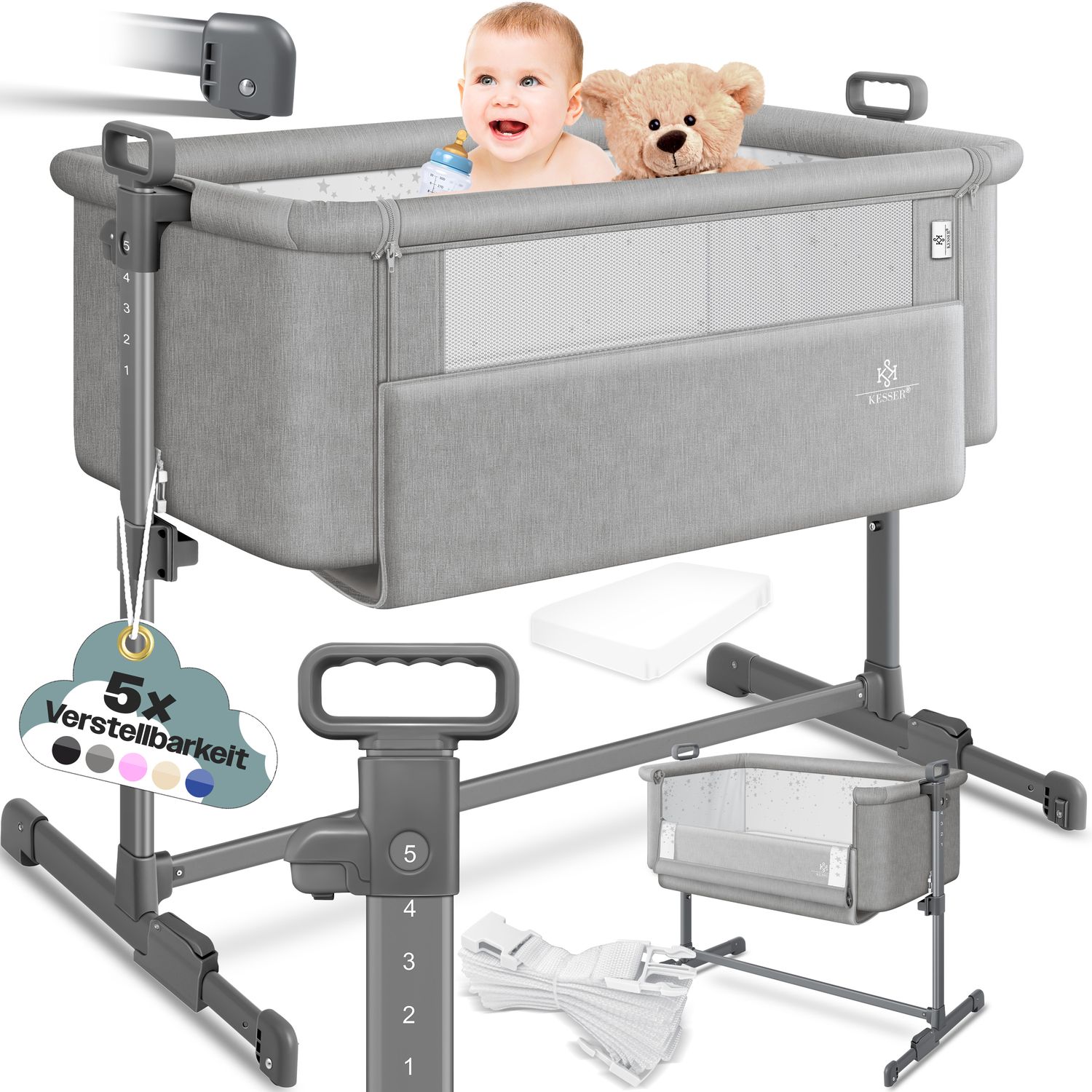 KESSER&reg; Zustellbett Hubi 3in1 Baby Beistellbett Reisebett Babybett mit weich Matratze, mit Rollen Kinderbett, 5-fach H&ouml;henverstellung, Faltbare Seitenwand f&uuml;r zu Hause und unterwegs 