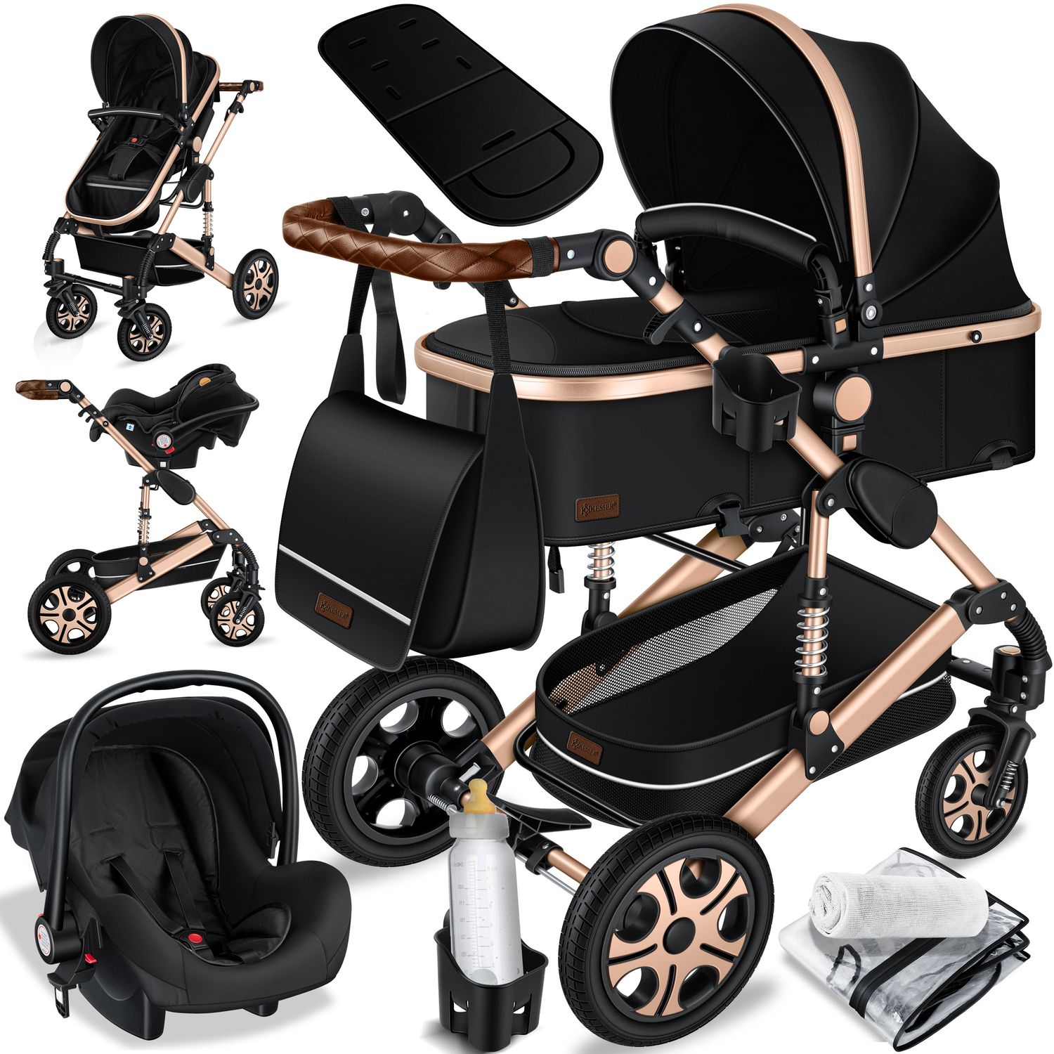 KESSER&reg; Loops Kinderwagen 4 in 1 Kombikinderwagen Komplett-Set auch als Buggy f&uuml;r Kinder bis 4 Jahre inkl. Babywanne, Babyschale + Fu&szlig;sack, Korb, Wickeltasche, Regen- & Insektenschutz & Flaschenhalter 