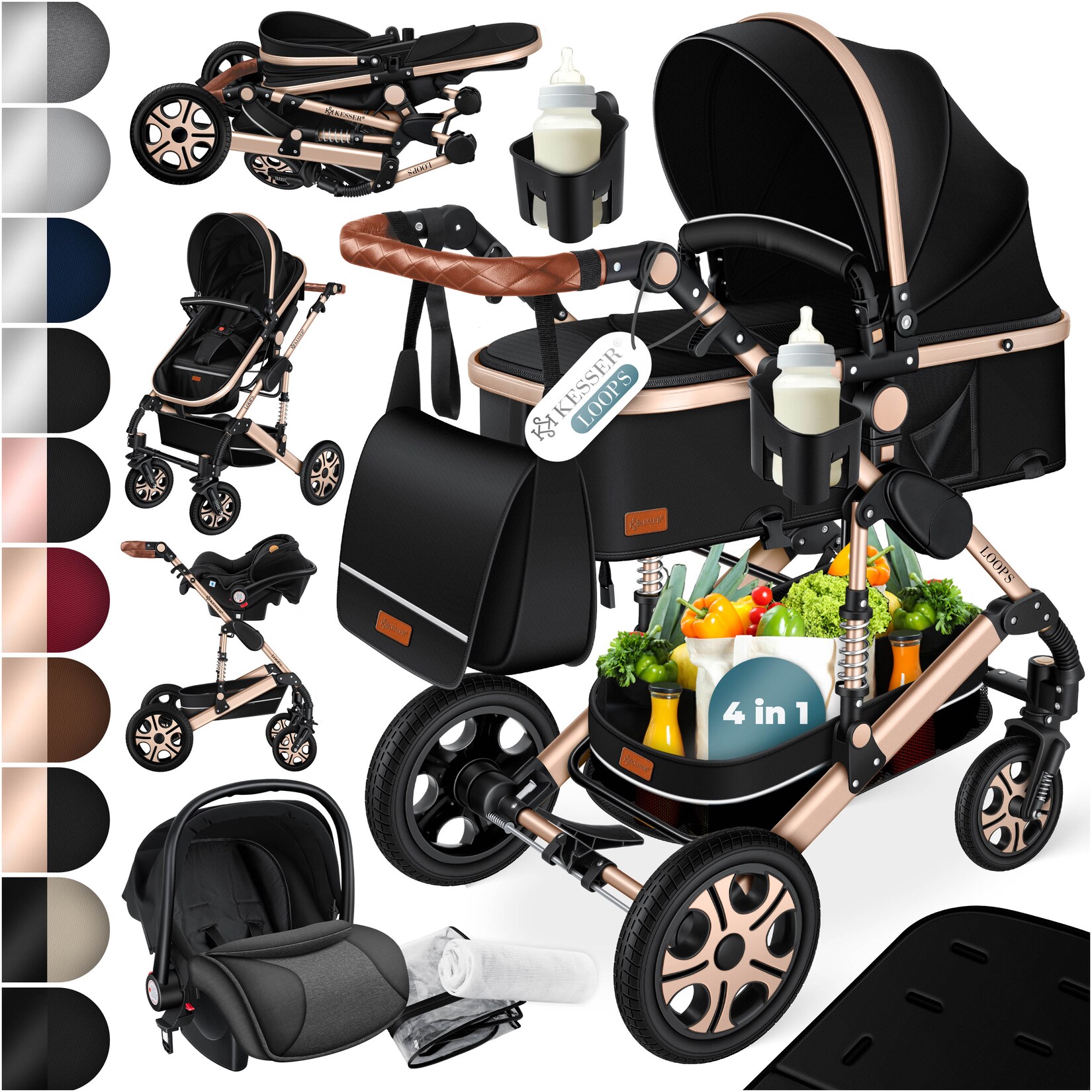 ® Loops Kinderwagen 4 in 1 Kombikinderwagen Komplett-Set auch als Buggy für Kinder bis 4 Jahre inkl. Babywanne, Babyschale + Fußsack, Korb, Wickeltasche, Regen- & Insektenschutz & Flaschenhalter