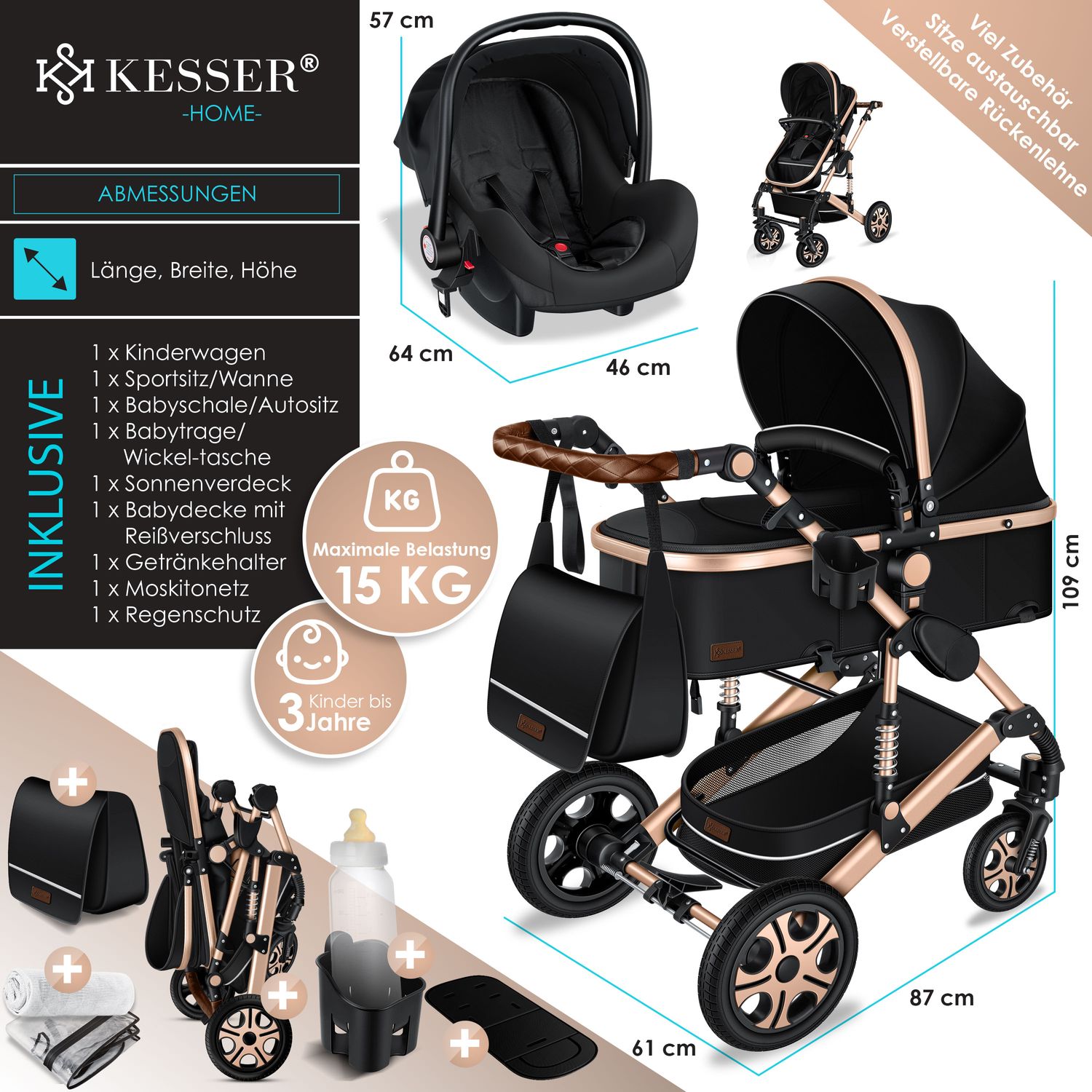 KESSER Loops Kinderwagen 4 in 1 Kombikinderwagen Komplett-Set auch als  Buggy fr Kinder bis 4 Jahre inkl. Babywanne, Babyschale + Fusack, Korb,  Wickeltasche, Regen- & Insektenschutz & Flaschenhalter bei Marktkauf online  bestellen