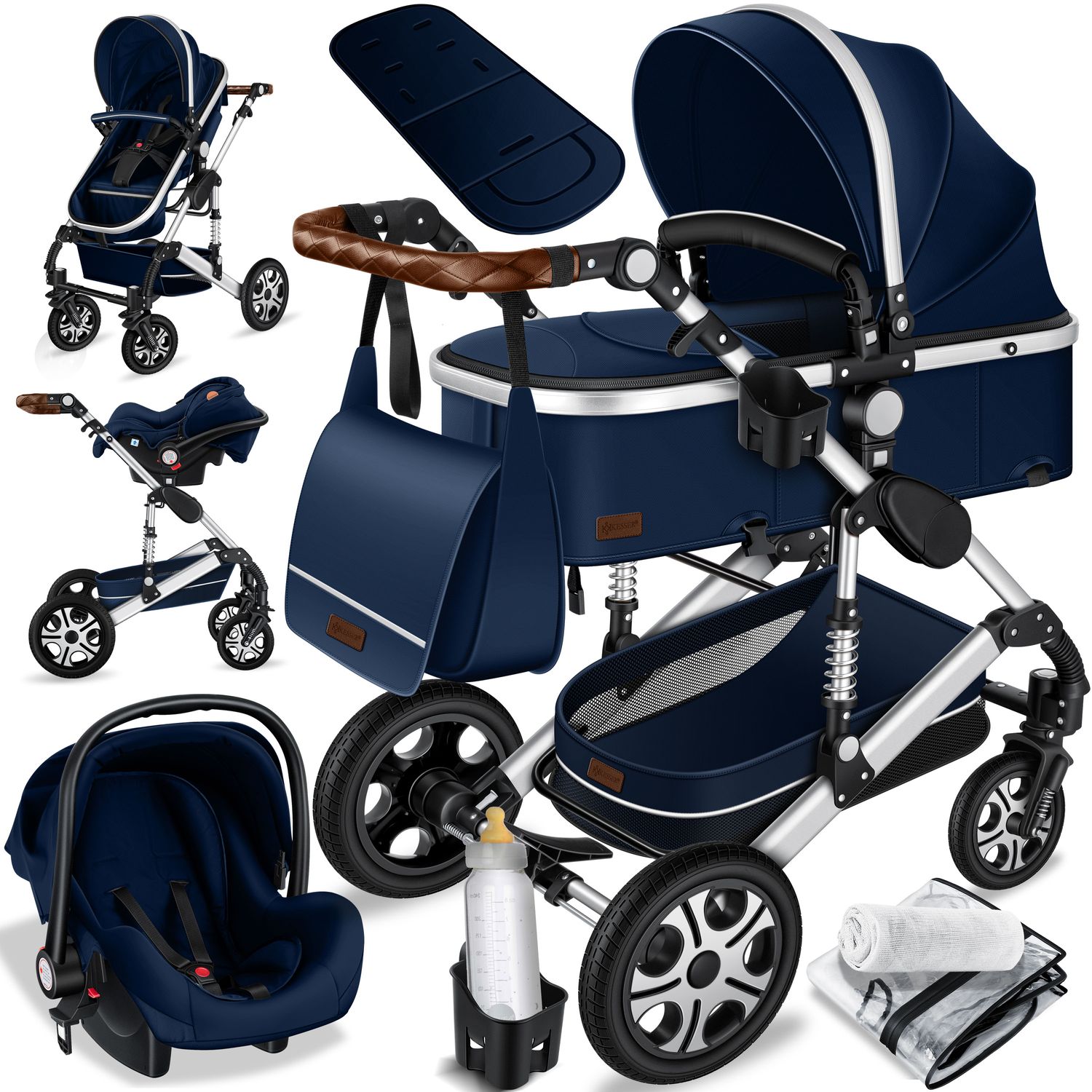 KESSER&reg; Loops Kinderwagen 4 in 1 Kombikinderwagen Komplett-Set auch als Buggy f&uuml;r Kinder bis 4 Jahre inkl. Babywanne, Babyschale + Fu&szlig;sack, Korb, Wickeltasche, Regen- & Insektenschutz & Flaschenhalter 