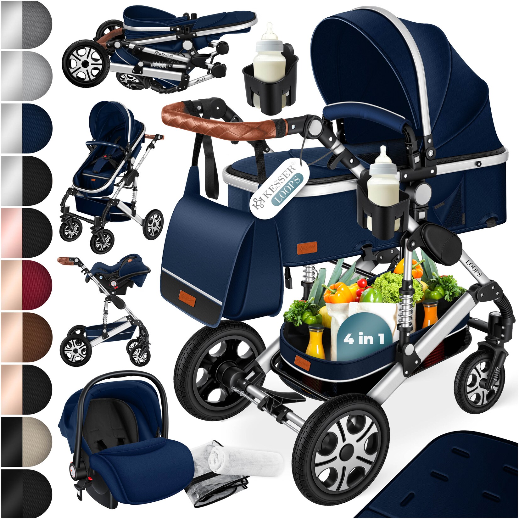® Loops Kinderwagen 4 in 1 Kombikinderwagen Komplett-Set auch als Buggy für Kinder bis 4 Jahre inkl. Babywanne, Babyschale + Fußsack, Korb, Wickeltasche, Regen- & Insektenschutz & Flaschenhalter