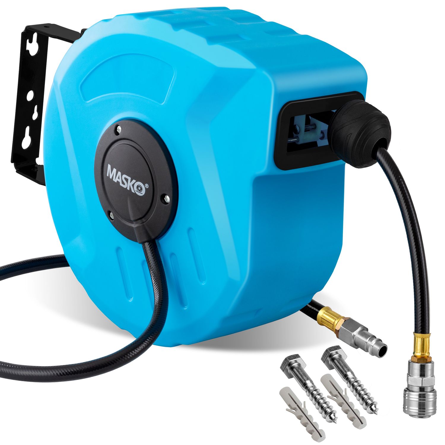 MASKO&reg; Automatik Druckluftschlauch Aufroller &ndash; Schlauchtrommel mit 1/4" Anschluss, Schlauchaufroller, Wandhalterung, Tragegriff, 180&deg; schwenkbar, Schlauchbremse, vormontiert & sofort einsatzbereit 
