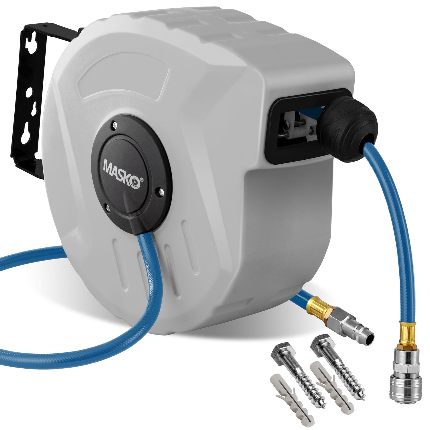 MASKO&reg; Automatik Druckluftschlauch Aufroller &ndash; Schlauchtrommel mit 1/4" Anschluss, Schlauchaufroller, Wandhalterung, Tragegriff, 180&deg; schwenkbar, Schlauchbremse, vormontiert & sofort einsatzbereit 