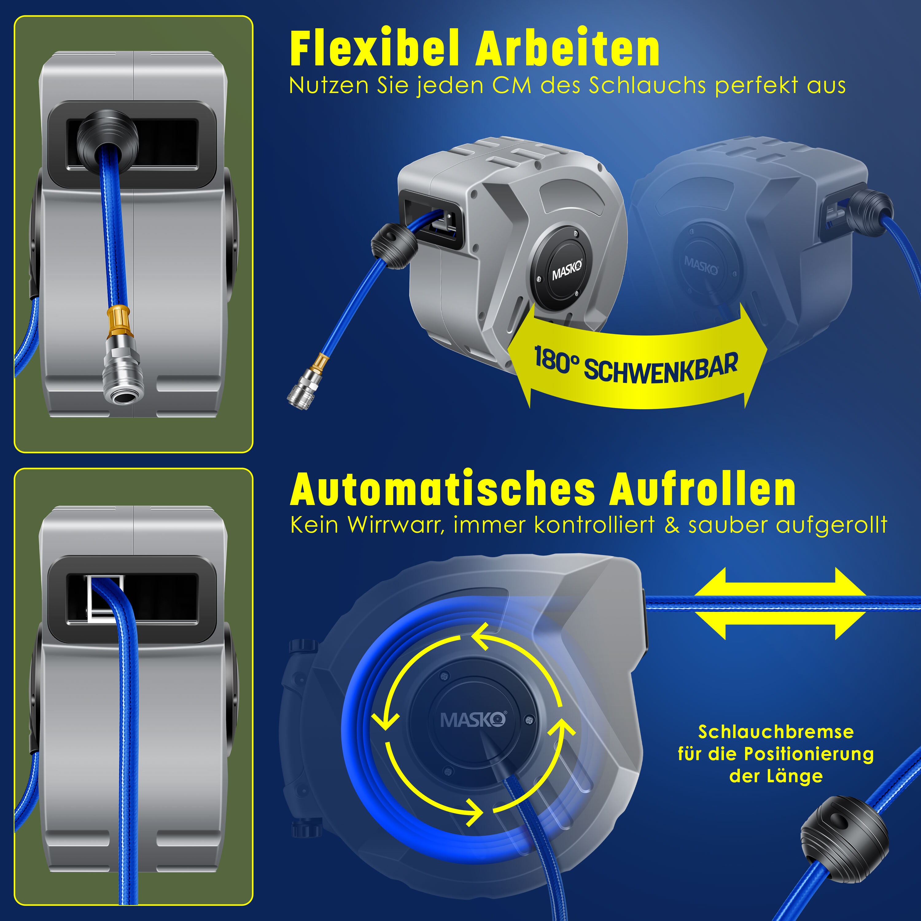 Gimisgu Druckluftschlauch Aufroller Automatisch 20m, 1/4" Anschluss, Schlauchaufroller Schlauchtrommel Wandschlauchhalter 180° Schenkbar