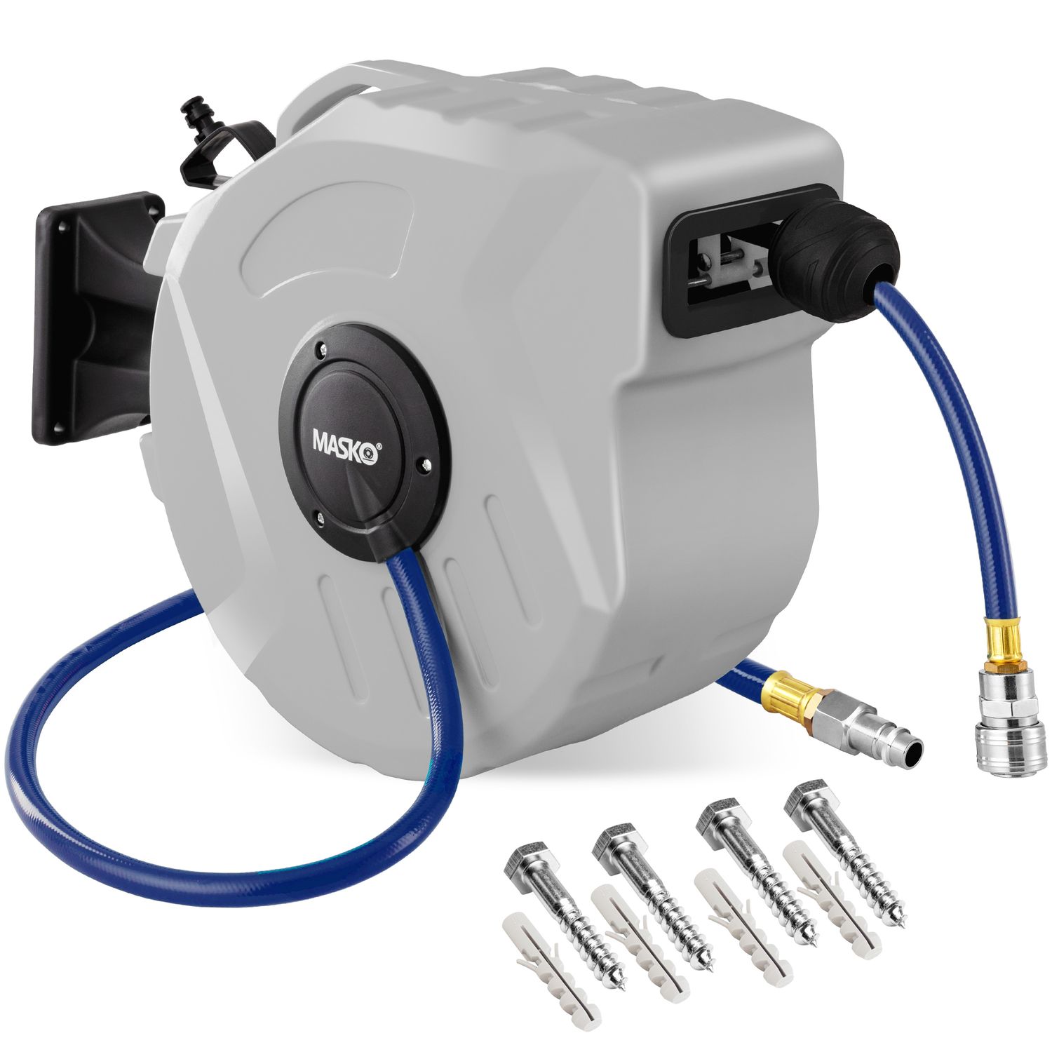 MASKO&reg; Automatik Druckluftschlauch Aufroller &ndash; Schlauchtrommel mit 1/4" Anschluss, Schlauchaufroller, Wandhalterung, Tragegriff, 180&deg; schwenkbar, Schlauchbremse, vormontiert & sofort einsatzbereit 